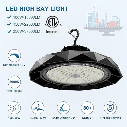 Miniatura 2 de HONMY UFO - Luz LED de alta bahía de 150 W, 4 unidades, certificación ETL, regulables (1-10 V) 5000 K, 22500 lm, luces LED de tienda con cable de