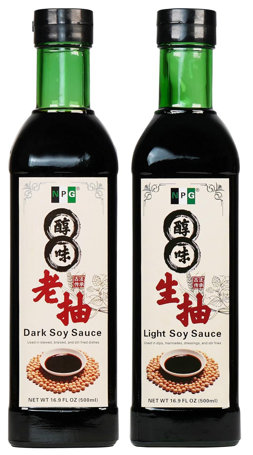NPG Premium Light and Dark Soy Sauce Set 16.9 FL Oz (Pack of 2) , Soy Dipping Sauces for Fish, Dumpling, Noodles, and Marinade Meat, Perfect Condiment for Japanese Sushi, Sashimi, Asian Stir Fry, Vegan, Non-GMO, No Preservatives