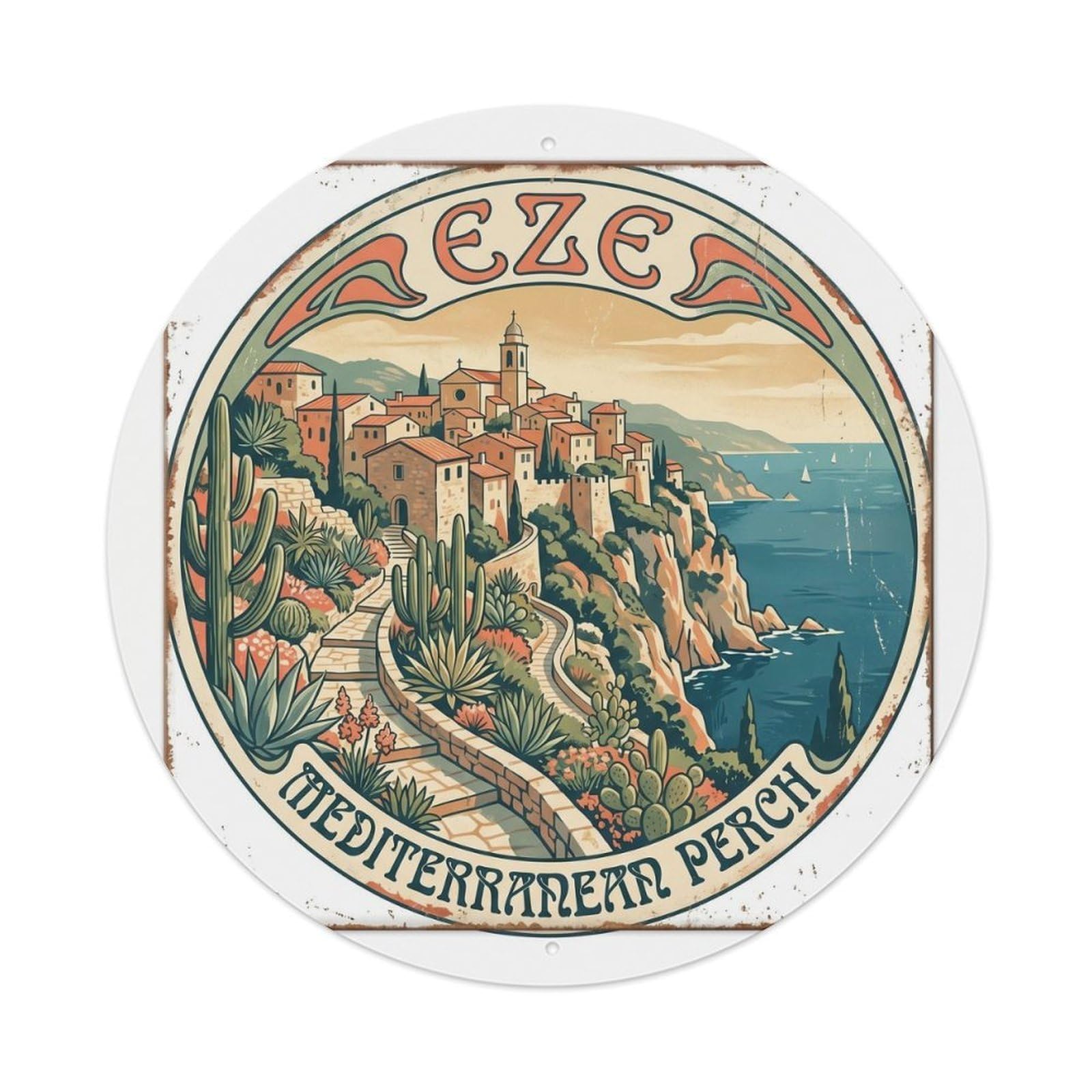 Gtthok Vintage Style-23 Vintage Travel Eze Gardens Coastal Metal Tin Sign Plaque Wall Decor For Cafe, Club, Garden Round Metal Poster 8X8inch