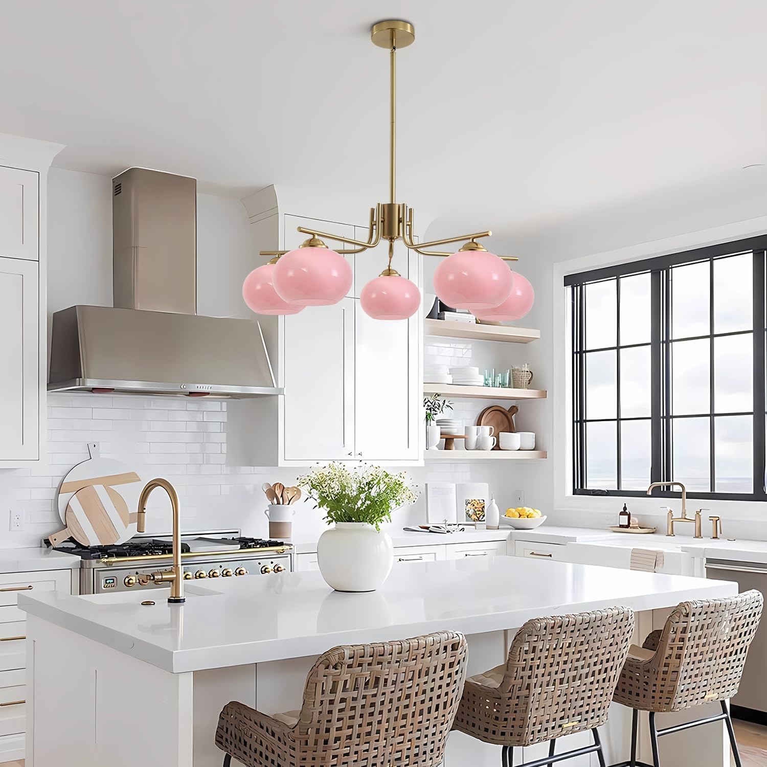 KCO Lighting Modern Pink Kronleuchter Rosa Glas Pendelleuchte 5 Lichter Gold Große Globe Kronleuchter Mitte Jahrhundert Unterputz-Deckenleuchte Leuchte für Esszimmer Küche Insel Wohnzimmer