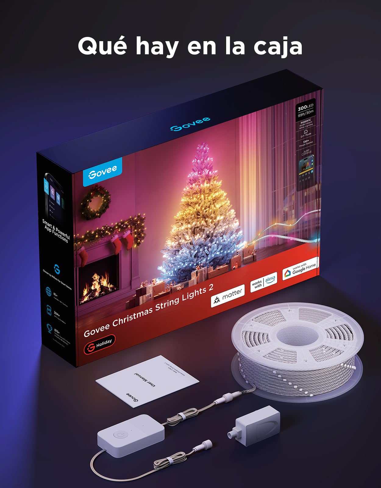 Govee RGBWIC Luces Árbol Navidad 30m, Compatible Alexa, Transparentes | 300 LEDs, 130+ Escenas, Interior/Exterior, Compatible Matter, Mapeo de Formas y AIGC, Decoración para Navidad y Halloween