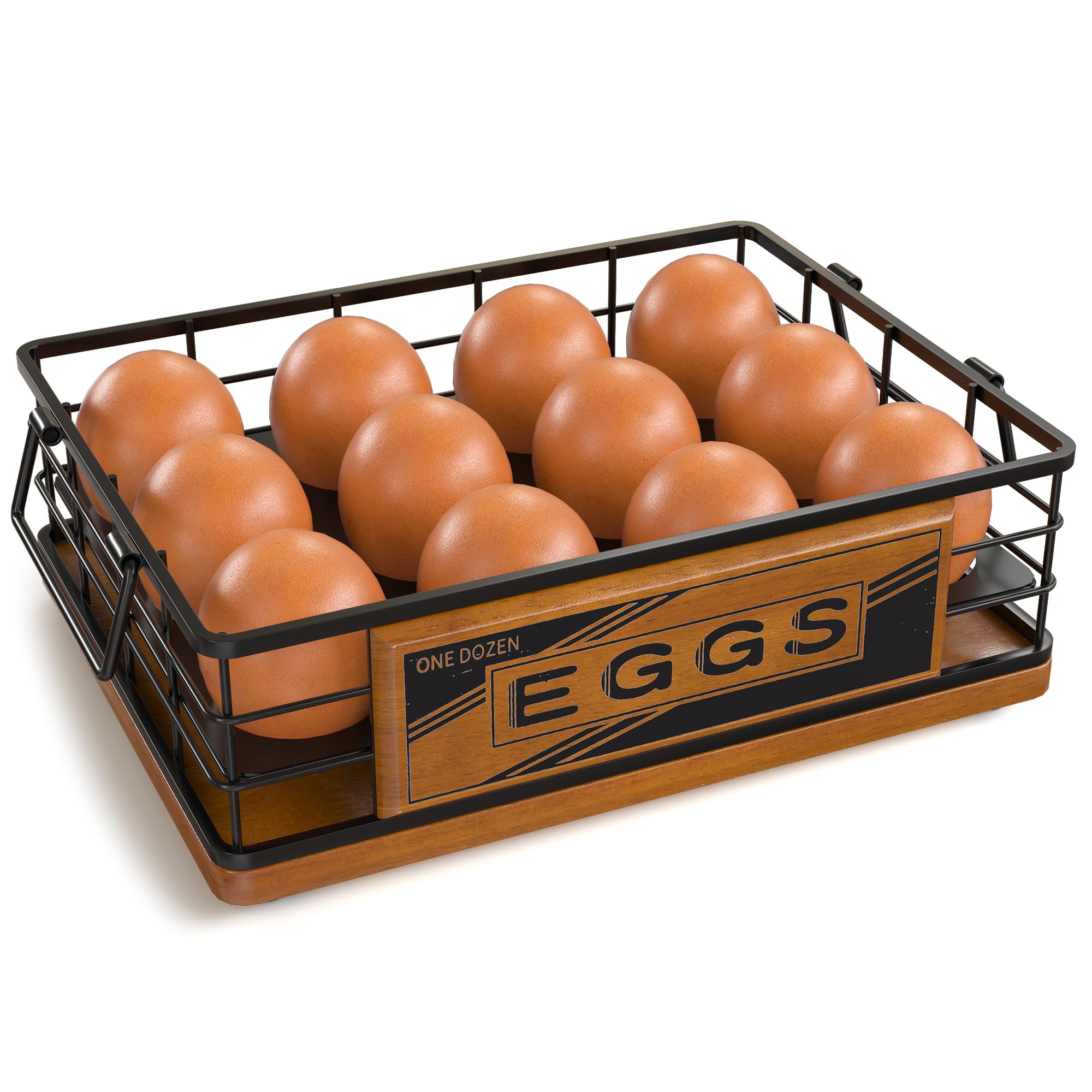 Range-œufs en métal style vintage et bois de noyer : panière élégante pour 12 œufs de ferme