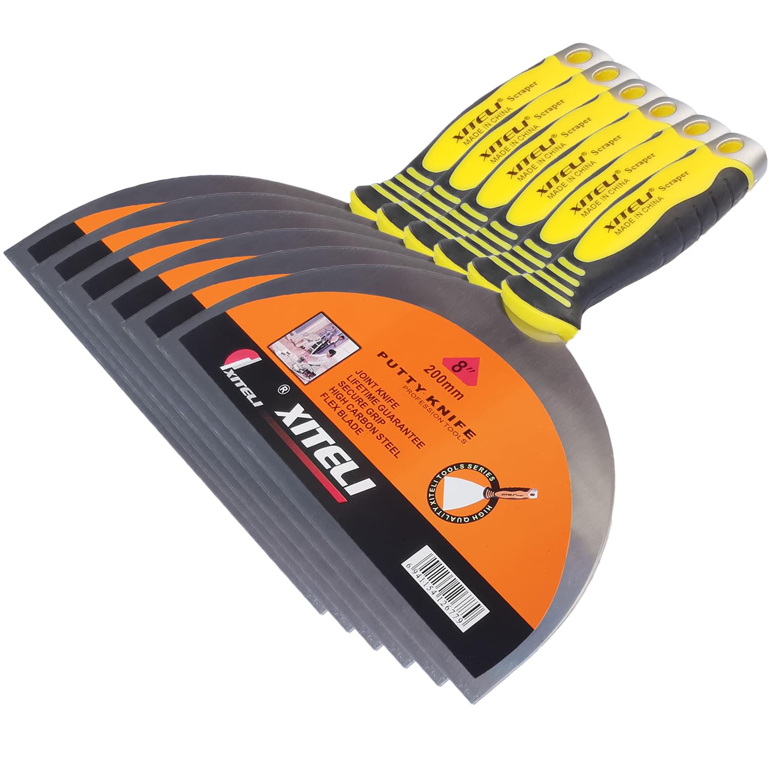 ESreake 6-Pack Putty Scraper 8" Putty Knives with Plastic Ergonomic Handle for Taping Paint Wall Floor Tile, Metal Spackle Tools Knife,Remover for