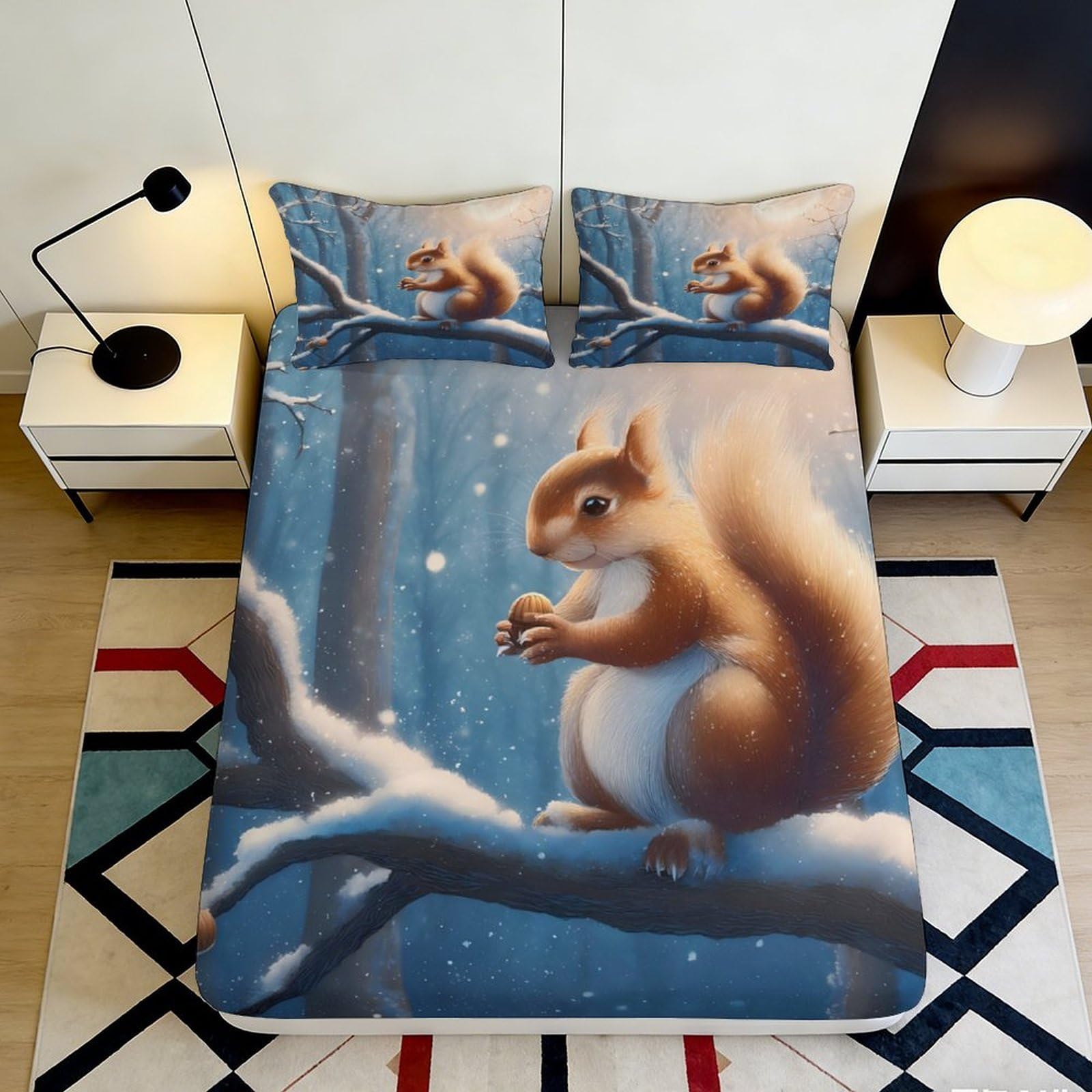 3D Printed Cartoon Squirrel Fitted Sheet Microfiber Soft Non-slip Forest Animal Mattress Cover Bedroom Decor 90x200x25cm
