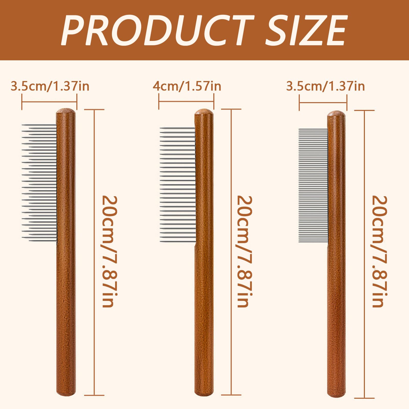 3Pcs Stainless Steel Pet Comb Durable Solid Wooden Cat Combs Rounded-Tip Teeth Pet Hair Comb Anti-Tangle Removes Knots Pet Grooming Comb for Removing Floating Hair - Image 2