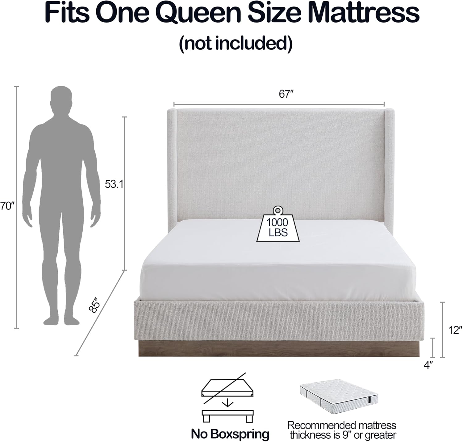 Queen Boucle Bed Frame with 53.1" Tall Headboard - Cream White Hosford Wingback Upholstered Platform Bed with Wood Base Bedroom Furniture Strong Mattress Wood Slats Support No Box Spring Needed