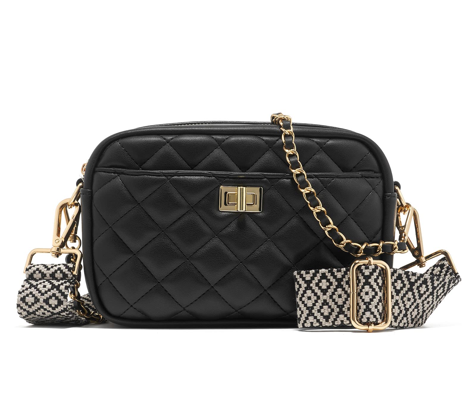 ZOUIQSSWomens Crossbody Bag Leather Rhombus Quilted Shoulder Bag Lady Metal Button Handbag With Adjustable Shoulder Straps(Black-(3.5CM) Color35)