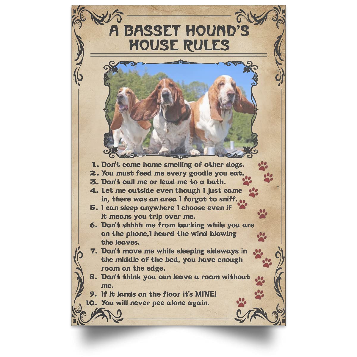 peiyeety Metal Tin Sign Basset Hound House Rules Dog Art Vintage Decorative 8x12 Inch Retro Wall Art Plaque For Dog Lover Home Living Room Bedroom Rustic Wall Decor