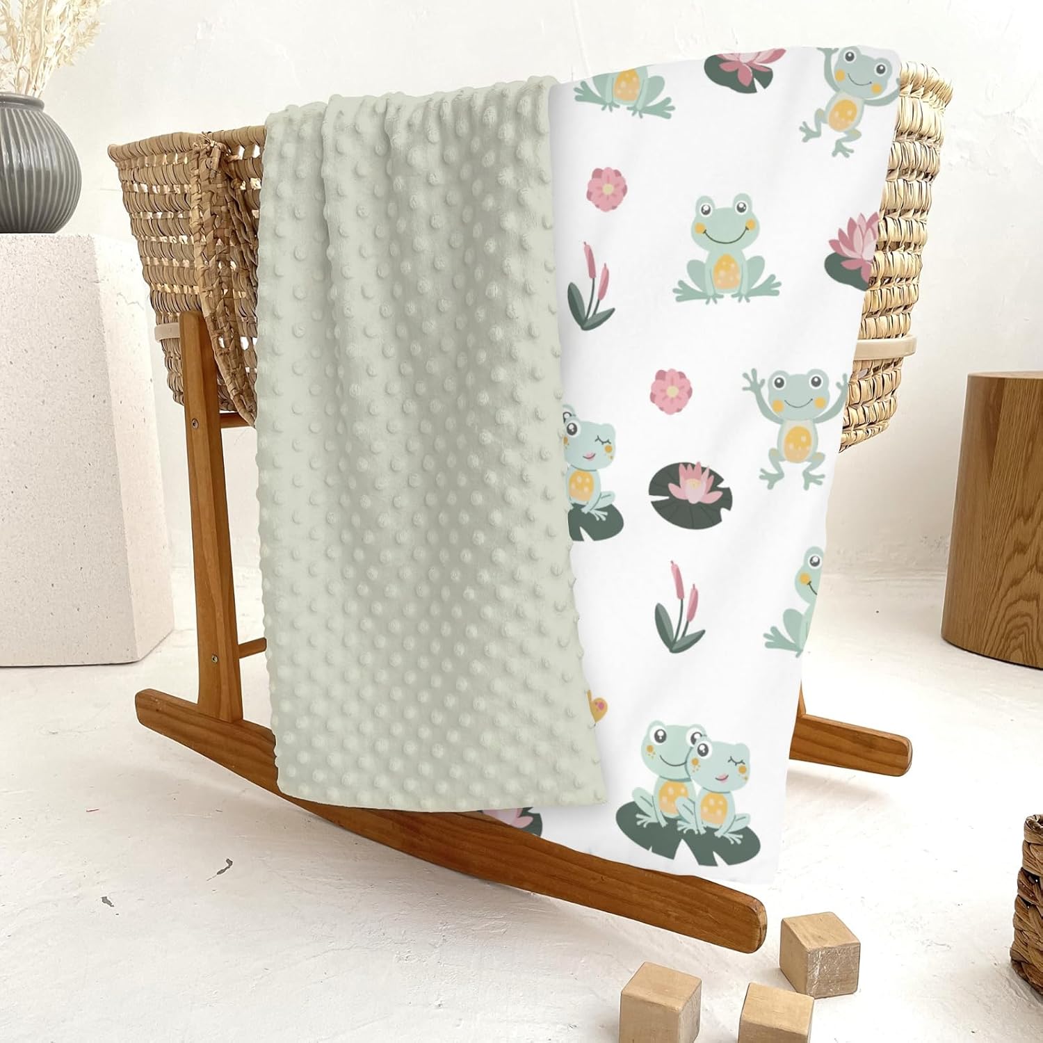 Cute Frogs Family Baby Blankets for Girl Boy Green Frogs Butterflies Lilies Pond Soft Mink with Dotted Backing Double Layer Swaddle Blanket Wildlife Nature Bed Throw for Newborn Toddler Nursery 30x40