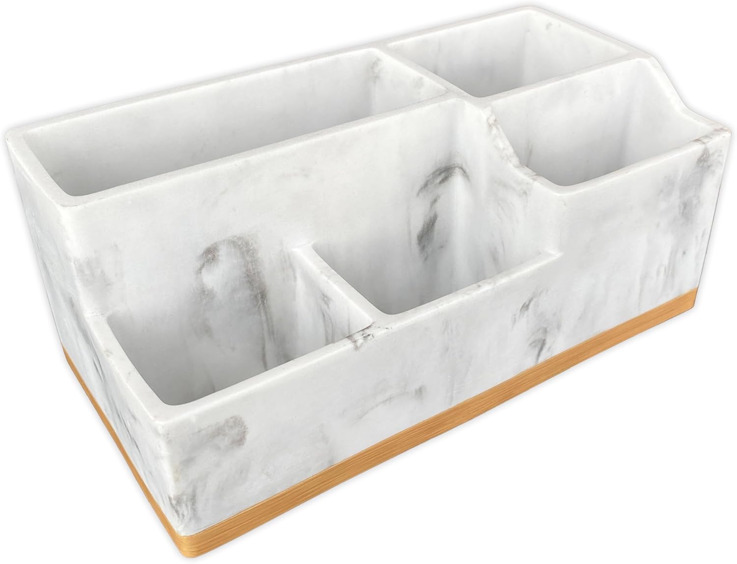 Bathroom Toothbrush Holder, Countertop Organizer, 5 Slots Bathroom Accessory Storage for Electric Toothbrush/Toothpaste/Shaver and Other Items, Cosmetic Organizer, Polyresin Marble. (White/Bamboo)