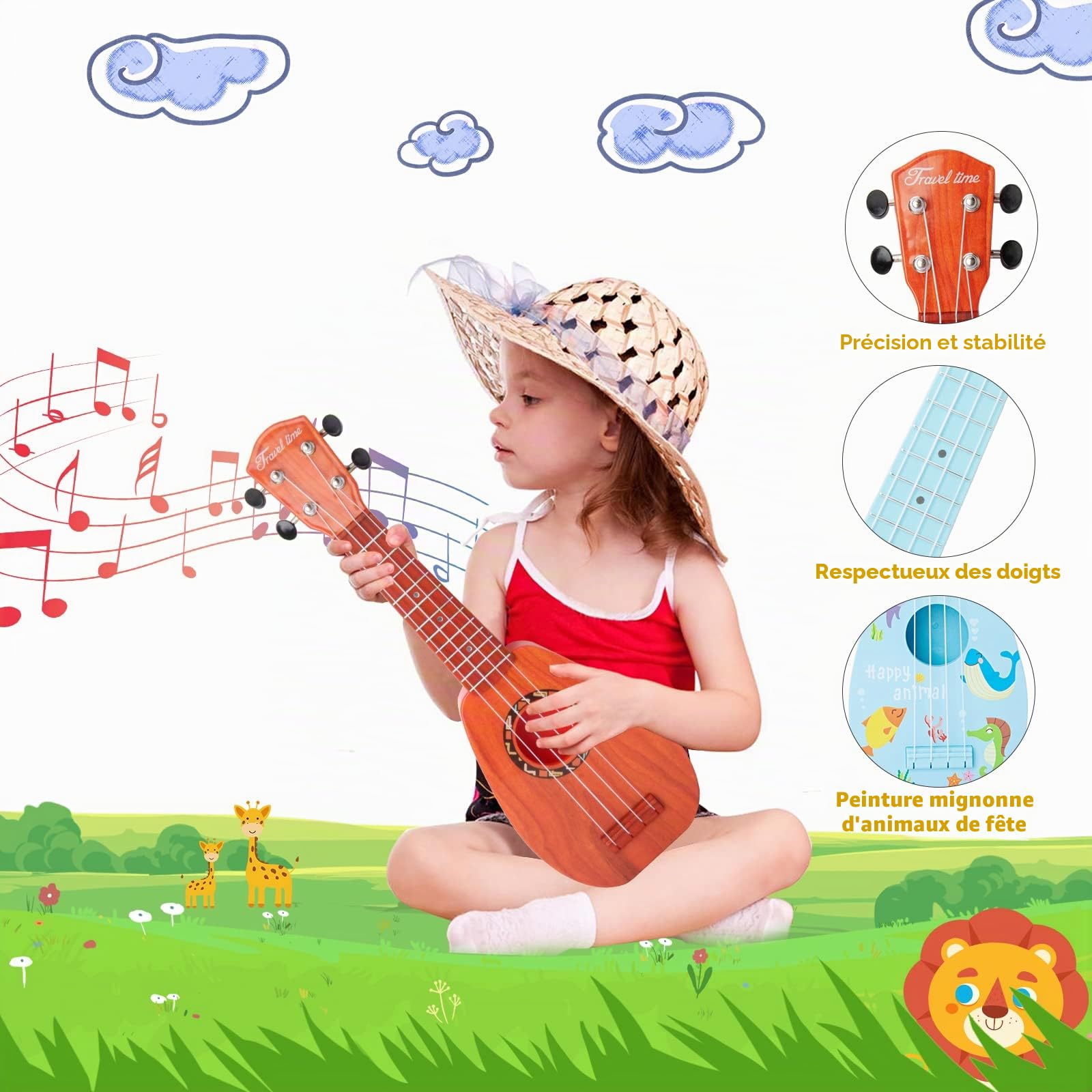 Ukelele pour enfants, guitare pour enfants, mini ukulélé acoustique de 43 cm, kit pour débutants avec médiator et sangle– Idéal pour les tout-petits et les débutants (marron foncé)