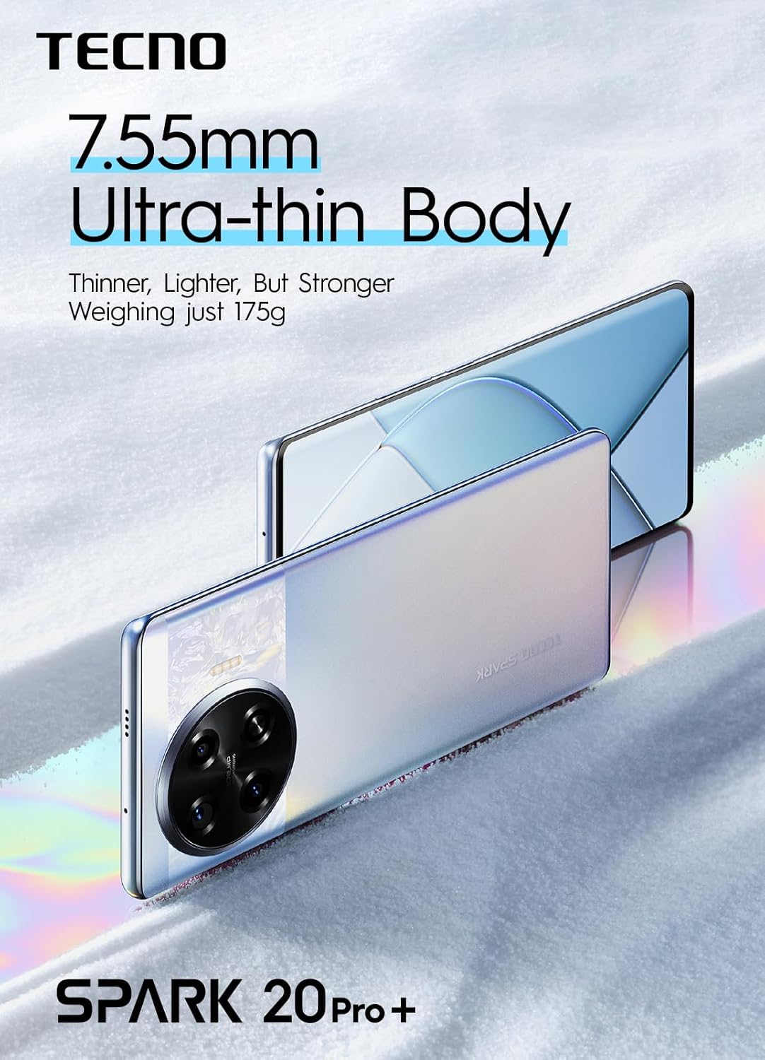 Ġenb view of the TECNO Spark 20 Pro+ highlighting its 7.55mm ultra-thin body.