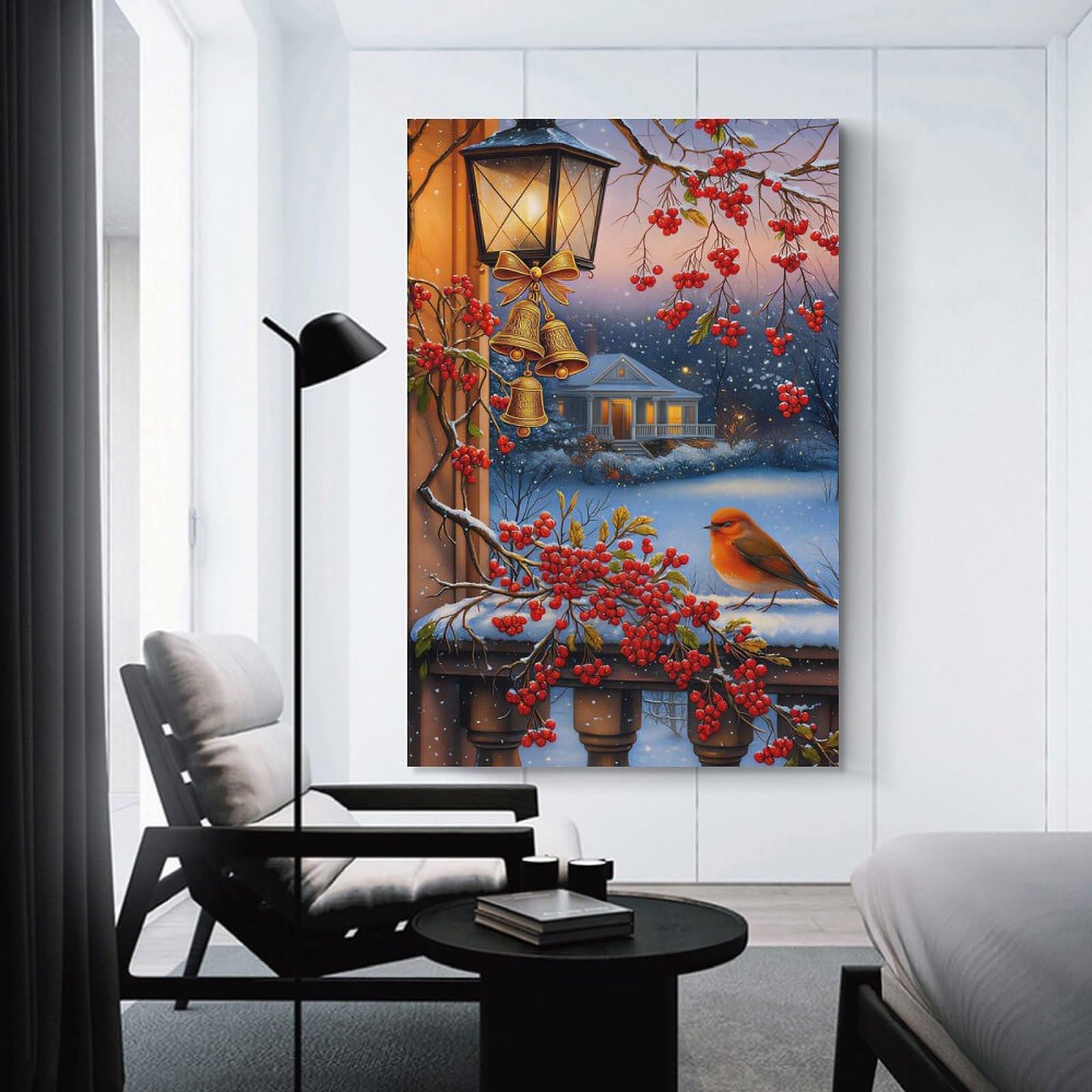 Junmoney Canvas Art Print Winter Berries And Bird Scene, 12x18inch(30x45cm), for Office, Study Or Home Workspace, Home Office Artwork with Decorative Appeal