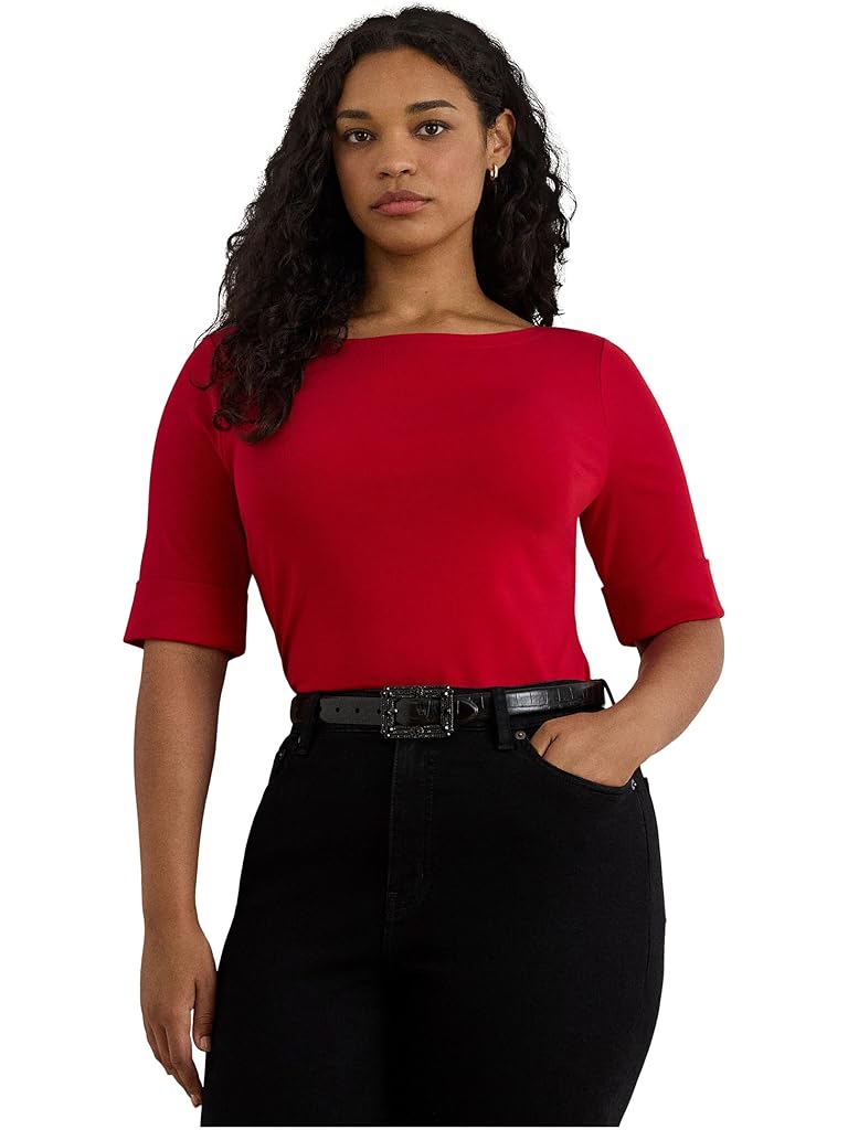 Red Lauren Ralph Lauren Plus Size Cotton Boat Neck T-Shirt