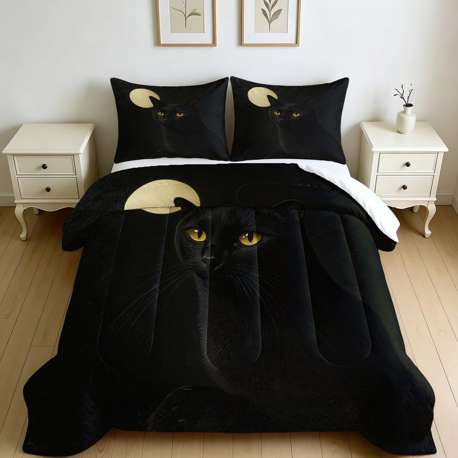 Couette 200 x 200 cm Parure de Lit 2 Personnes Noir Microfibres Douce Lavable Chat de Nuit