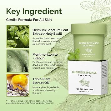 Holy Basil Bubble Deep Mask - Bubble Clay Mask, Deep Pore Cleansing Mask, Korean Blackhead Remover & Pore Minimizer, Gentle Exfoliating Face Mask for All Skin Types