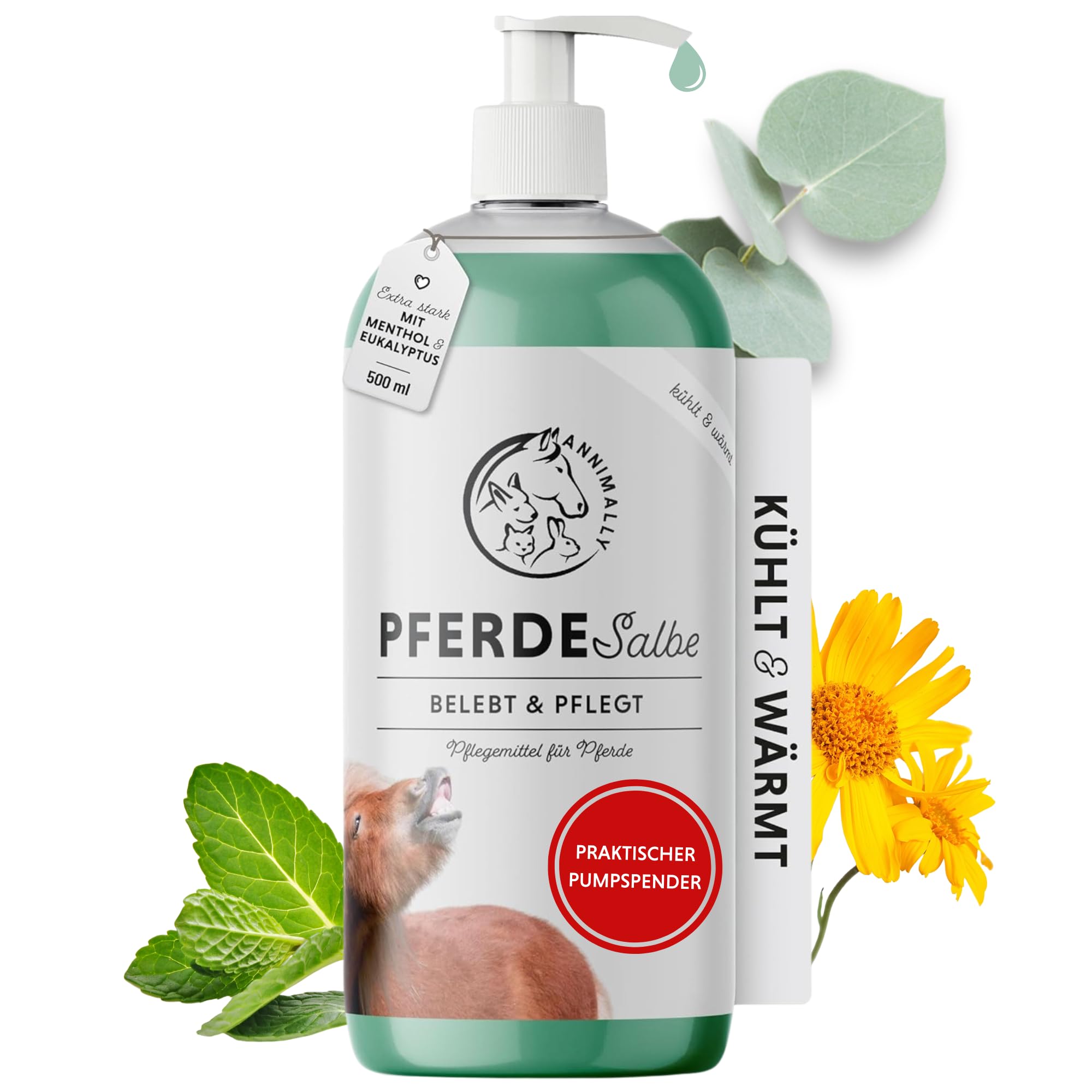 Pumpspender Pferdesalbe 500ml kühlend und wärmend - Pferdebalsam extra stark mit Menthol, Minzöl, Wintergrün & Rosmarin - Gel für Muskeln & Gelenke