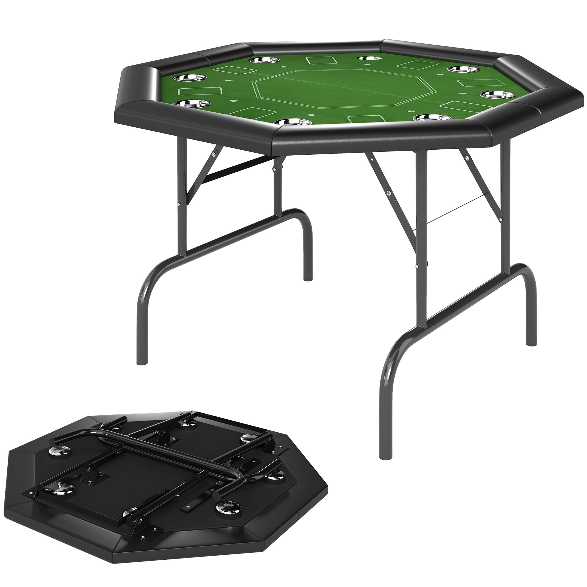 Rackhams Green 8 Player Foldable Poker Table With Cup Holders, - Mdf, Metal - 120L X 120W X 76H Cm