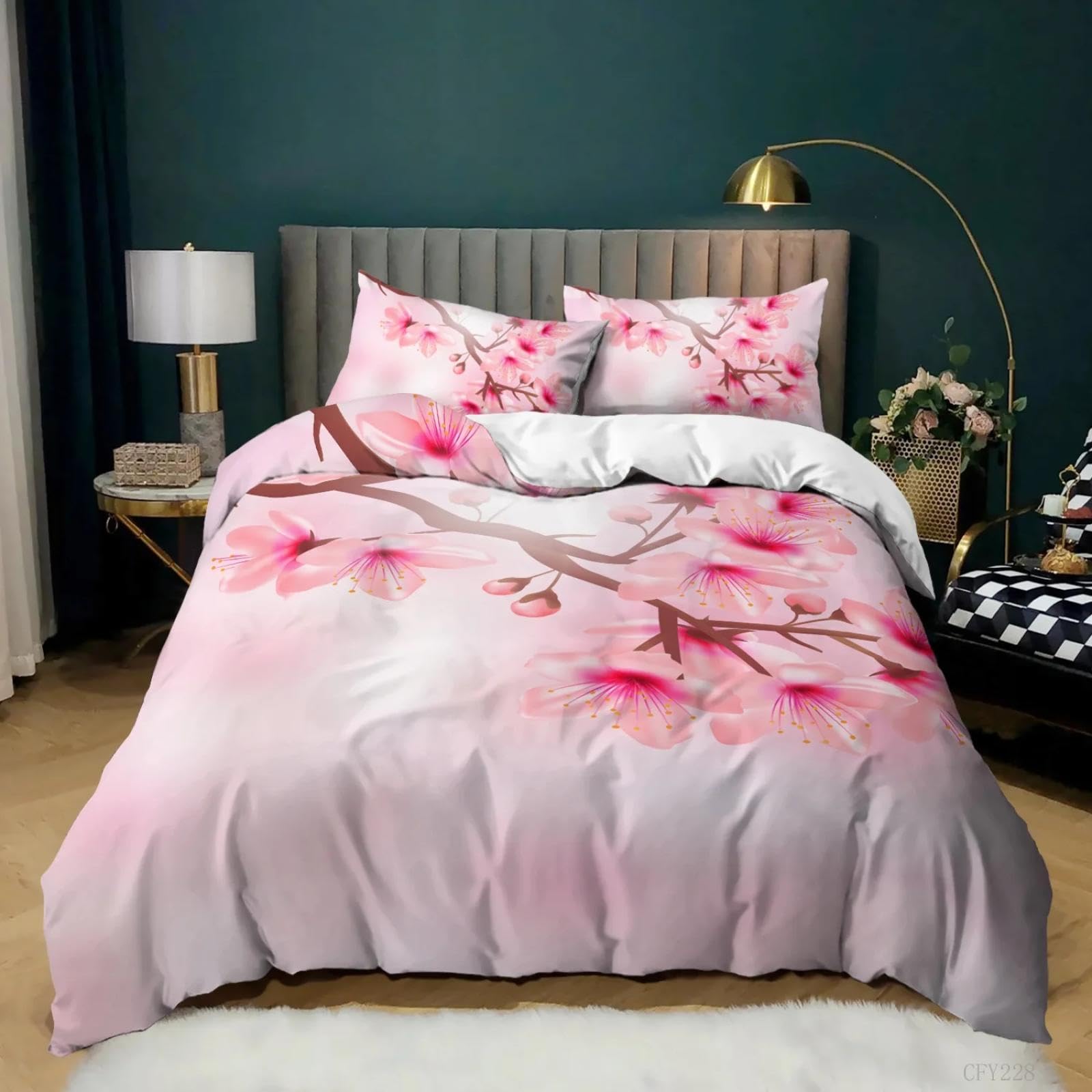 Housse de couette fleurs de prunier en microfibre douce pour lit fille facile à laver