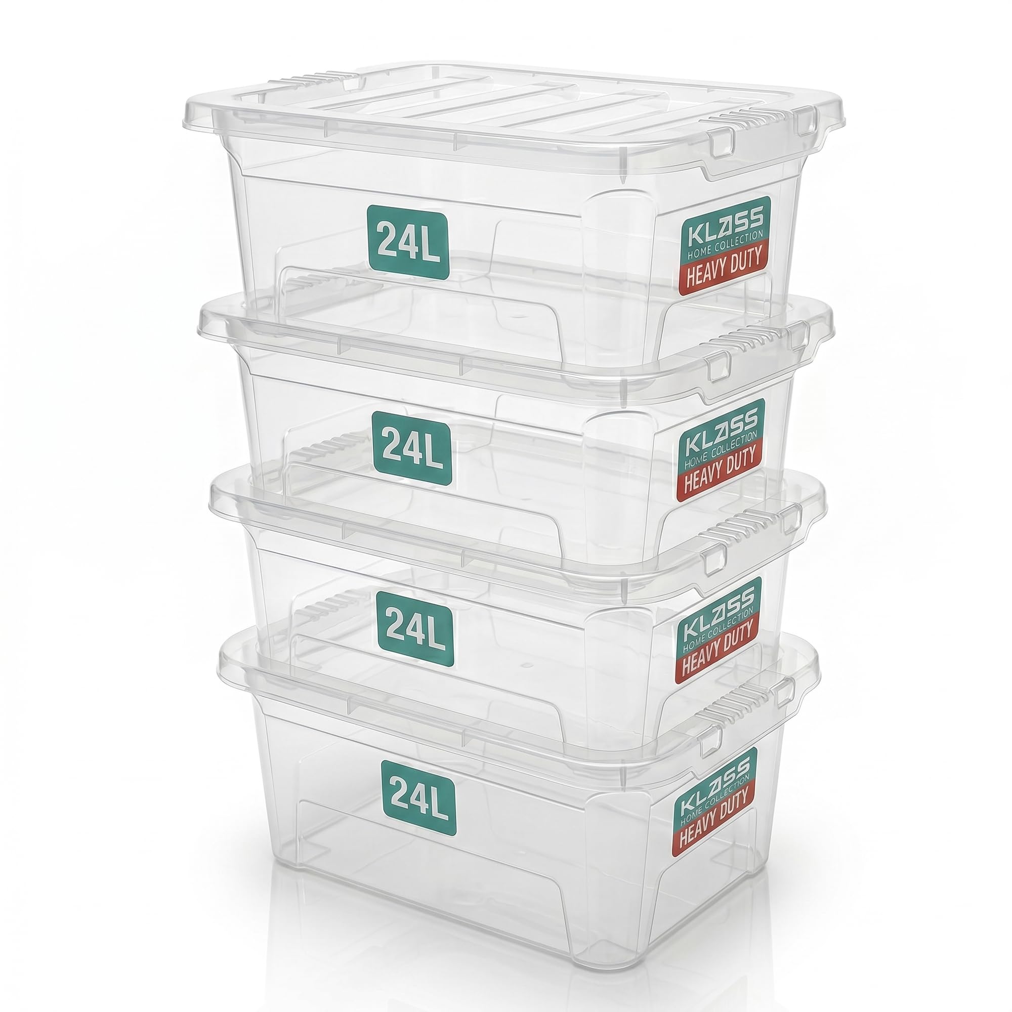 Klass Home Collection 4 x 24 Litre Plastic Storage Boxes With Lids Set of 4, Strong, Nestable Stackable Large Storage Box With Lid 240L Clear Plastic Containers For Home, Kitchen, Garage, Office โ image 1