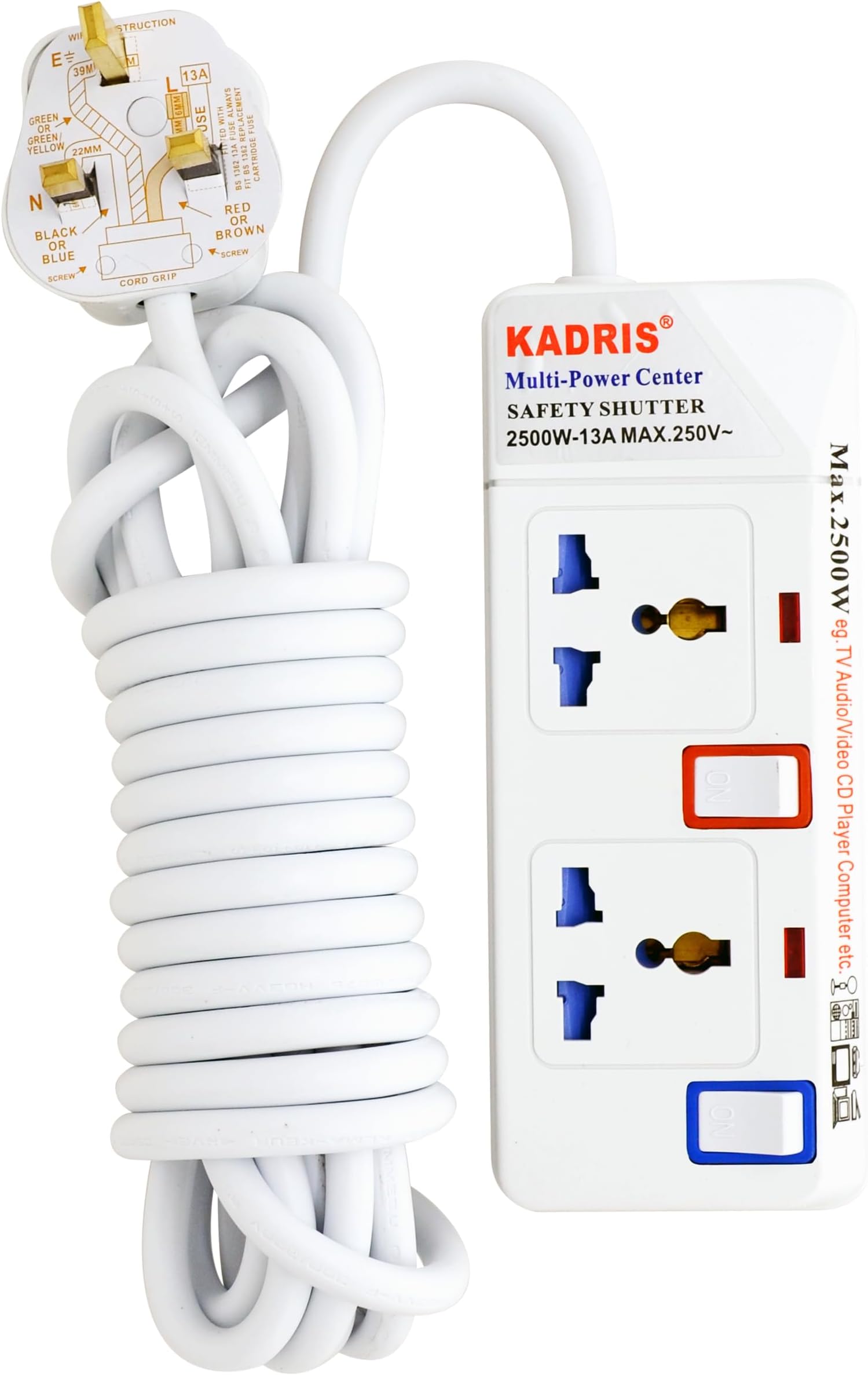 912 Heavy Duty Power Strips Extension Cord with 2 Way Outlets and Individual Switches, 5 Meter Length, White