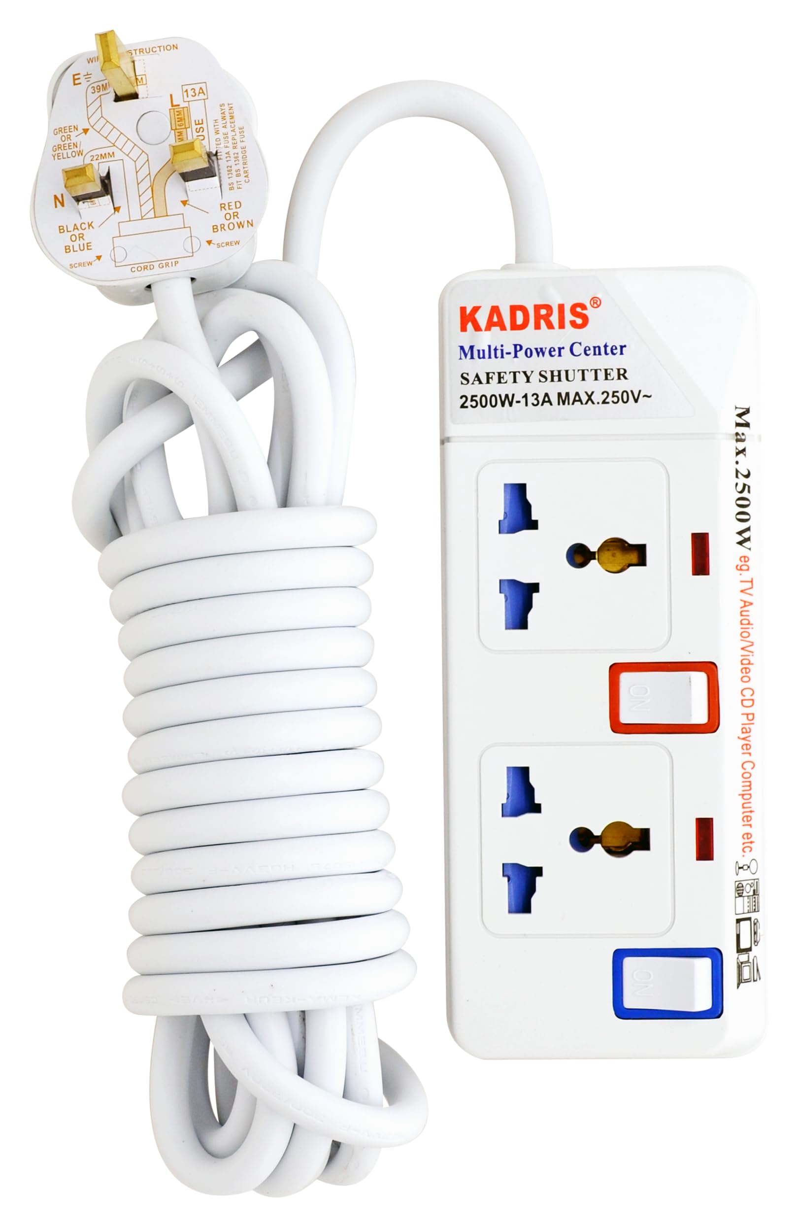 912 Heavy Duty Power Strips Extension Cord with 2 Way Outlets and Individual Switches, 5 Meter Length, White