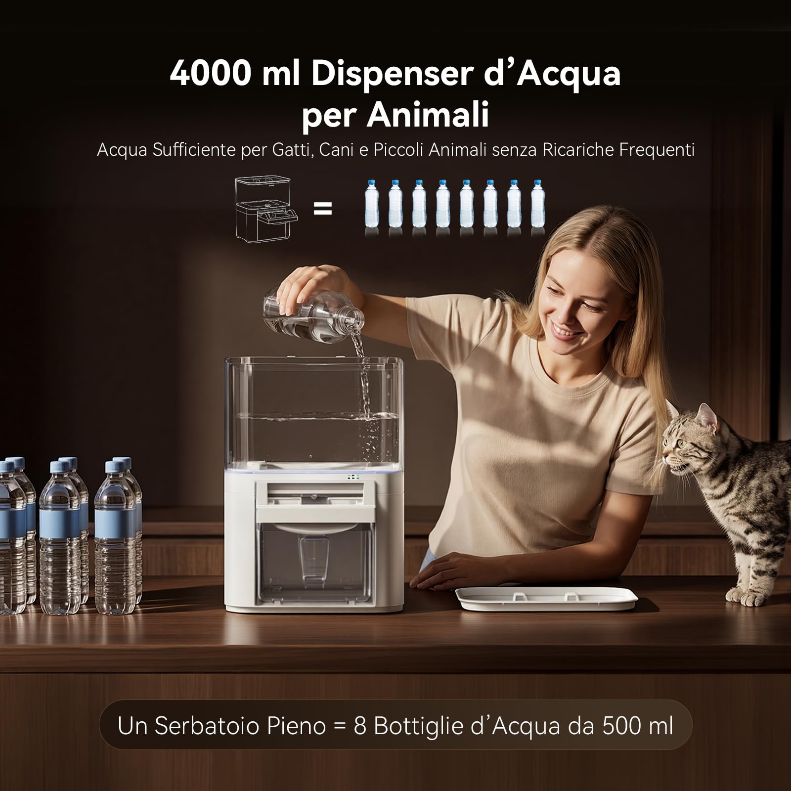 Redkey A10 Fontanella per Gatti senza Fili 4L Capacità, 4000mAh con Rilevamento a Infrarossi, senza Filtro, Separazione Acqua Pulita/Sporka, Silenziosa, Fontana Gatto con 2 Ciotole usa e Getta