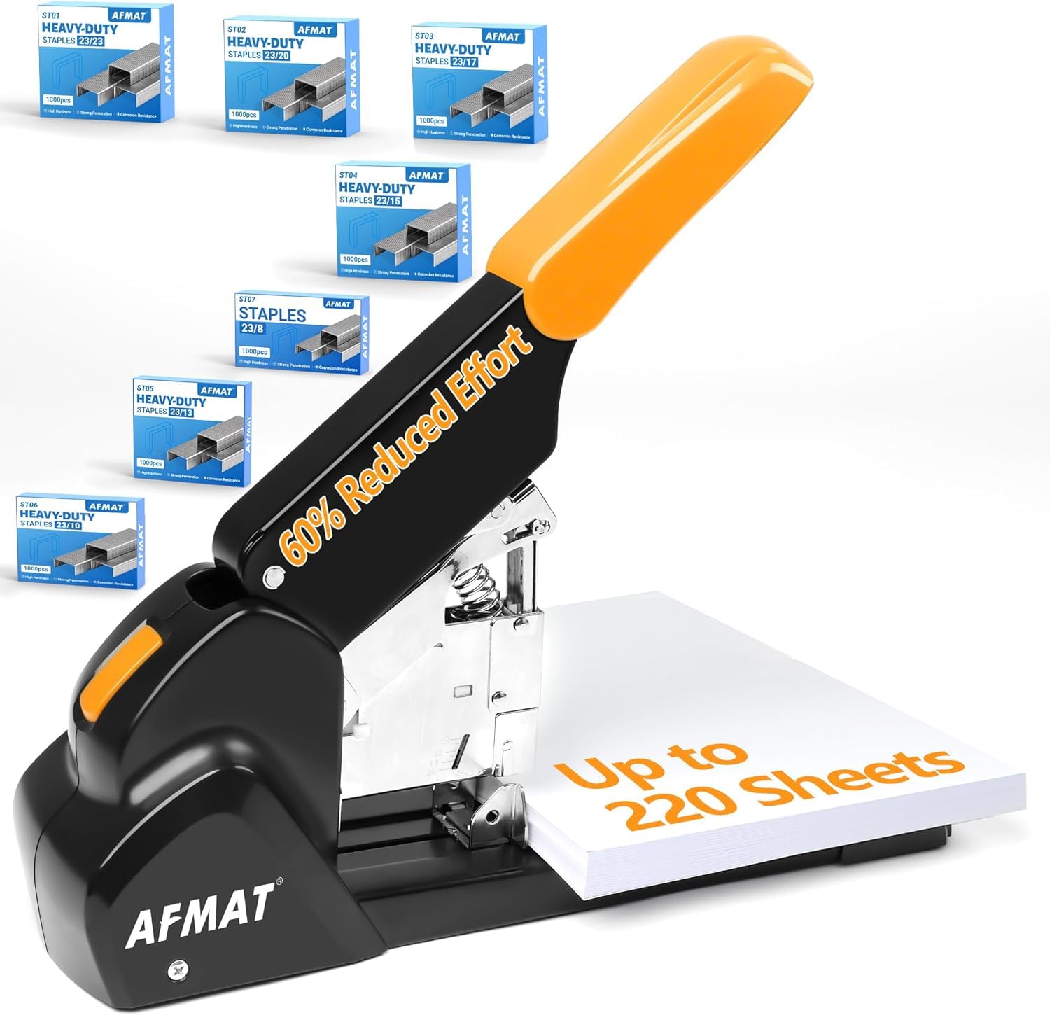 AFMAT Heavy Duty Stapler, 210 Sheet Capacity, 60% Less Effort, Jam-Free, Includes 7,000 Staples, Metal Office Desktop Stapler with Adjustable Throat Depth for Office & Home, 50,000+ Uses, Orange ES15