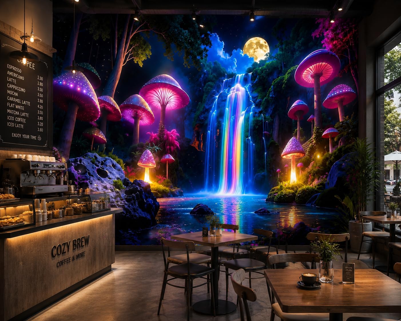3D Fantasy Glowing Mushroom Wall Wallpaper, Enchanted Rainbow Waterfall Moon Forest Wall Mural, Peel and Stick Removable Wall Stickers for Home Decor WallArt for Living Room (Color-46, 118"Lx82"H)