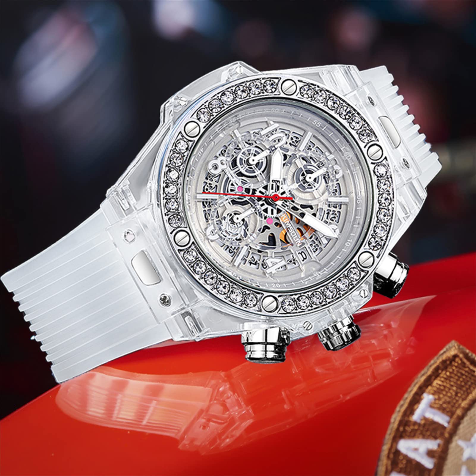 Relojes de cuarzo para hombre, cronógrafo analógico, cronógrafo de moda, diseño de esqueleto de negocios, con correa de silicona, resistente al agua, Blanco y negro.
