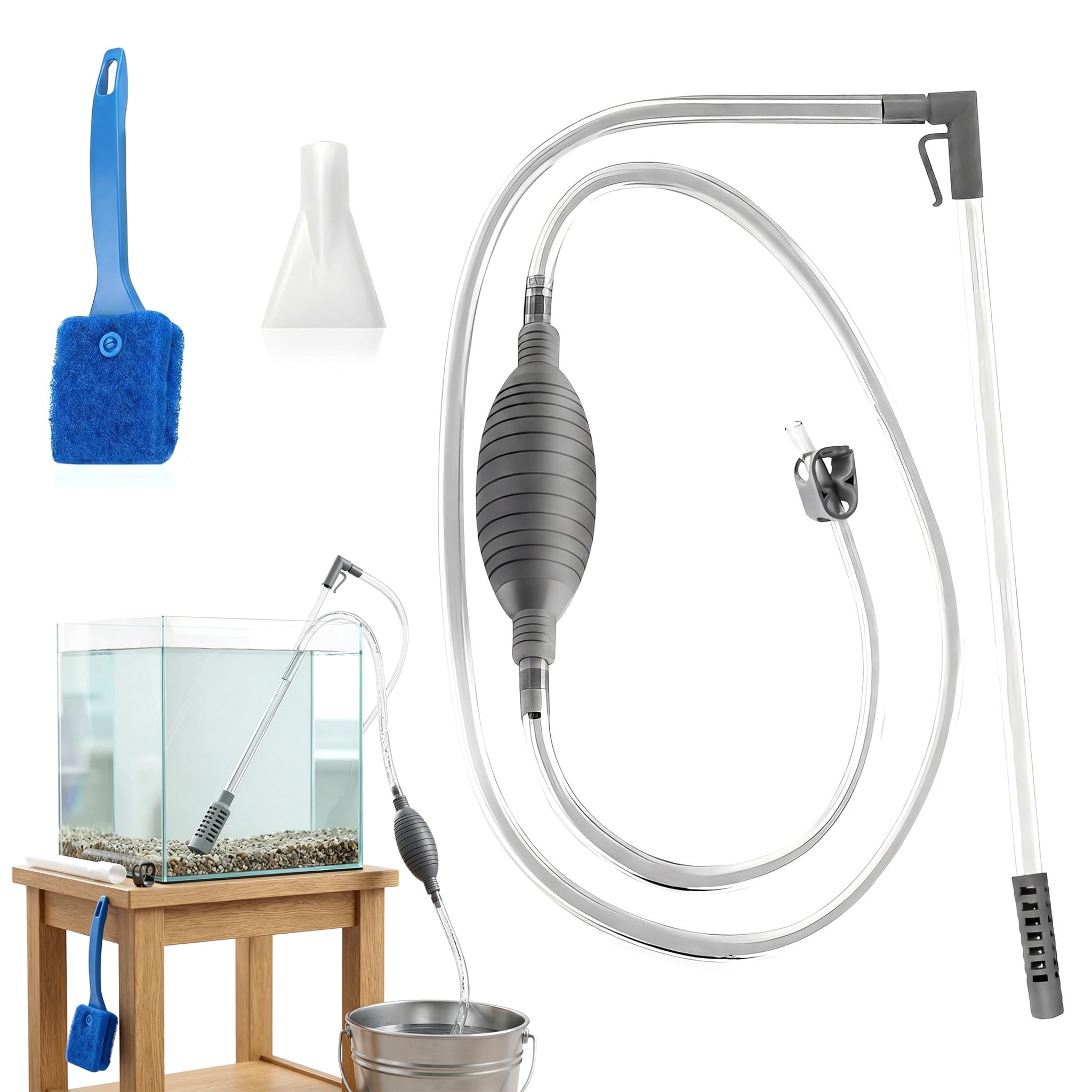 3 Pcs Fish Tank Cleaner, 2.2m Aquarium Syphon Pump Kit with Brush Gravel
