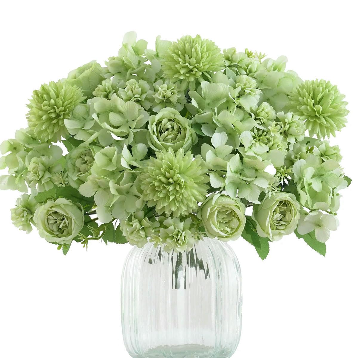 AYHTUD 1/4pcs Realistic Artificial Flower Bouquet, Reusable Faux Peony Chrysanthemums Hydrangea Bouquets with Stem, Home Room Decor-green- 4pcs