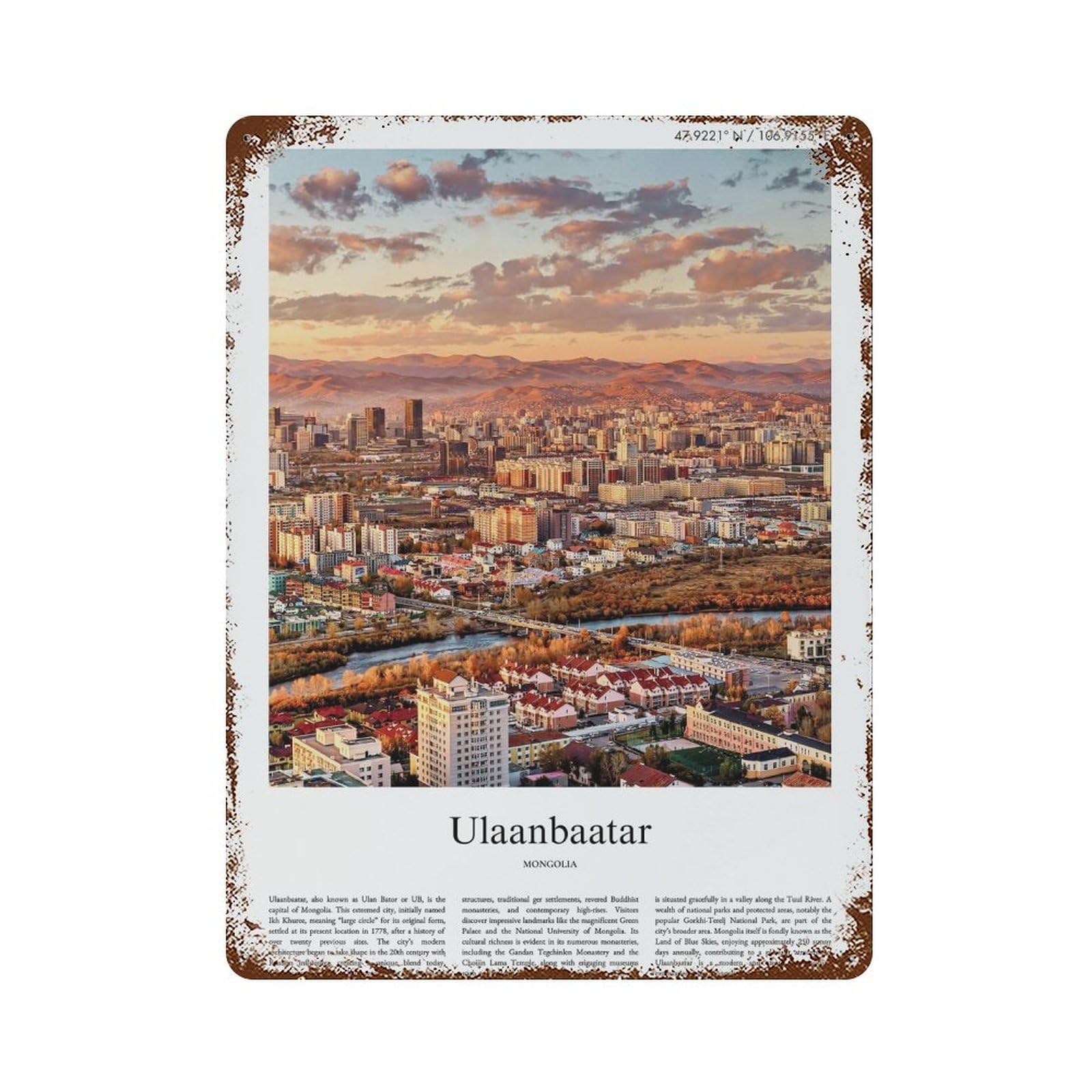 xiaoxiaoshen Ulaanbaatar Mongolia City Scenery Wall Decor Art Metal Tin Poster Modern Home Decor Art Home Bar Shop Decorations Vintage Sign 40x30cm