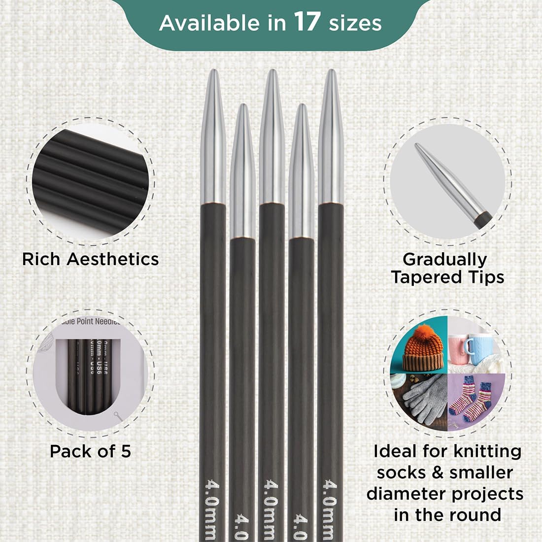 KnitPro Karbonz Double Pointed Needles 8" (20cm) | US Size 6 (4mm)