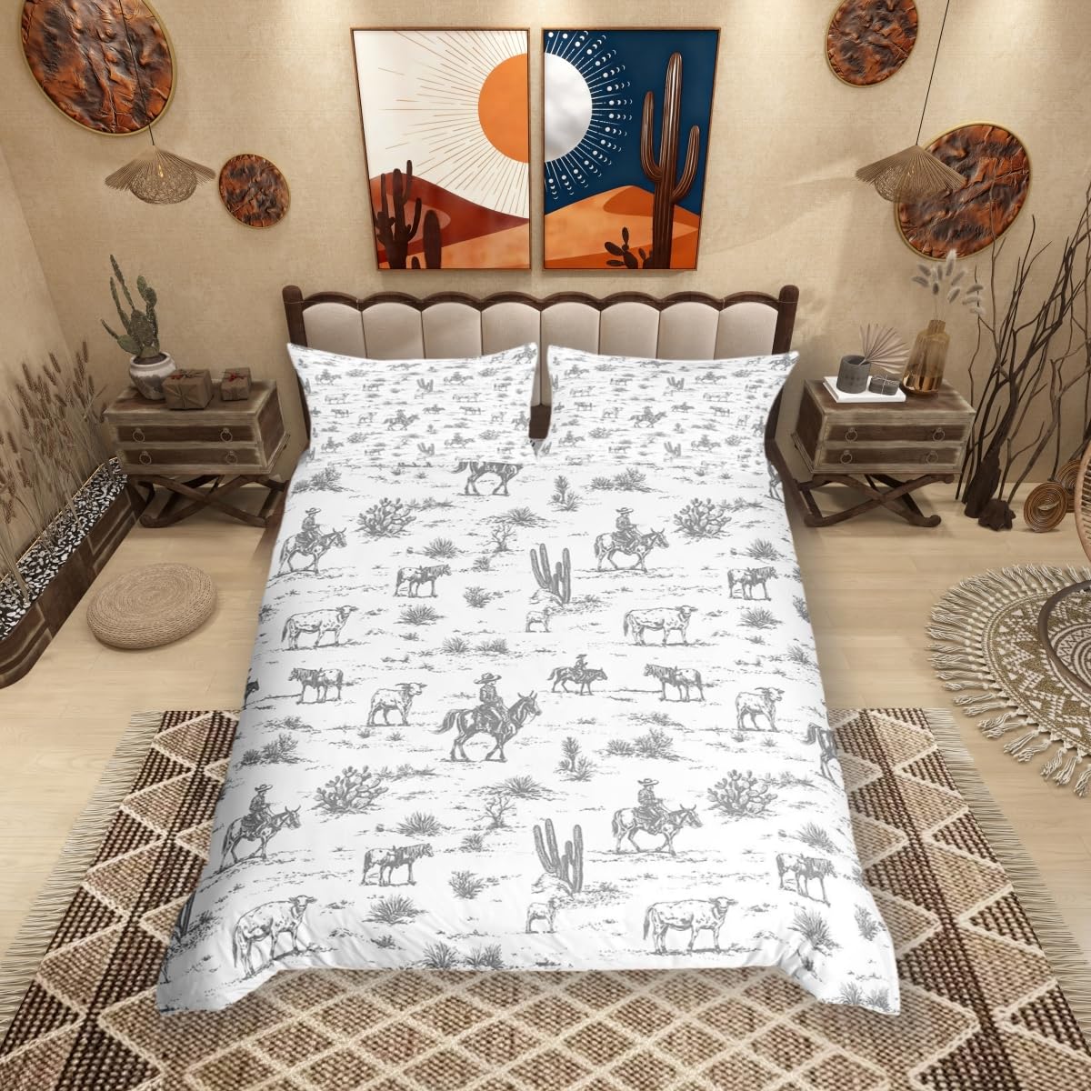 feelingyou Western Cowboy Bedding Set 3 Pcs,Desert Cactus Cow Horse Animals Comforter Cover for Boys Girls,Vintage Southwest Style Ultra Soft Duvet Cover (No Comforter),Double Size Quilt Cover