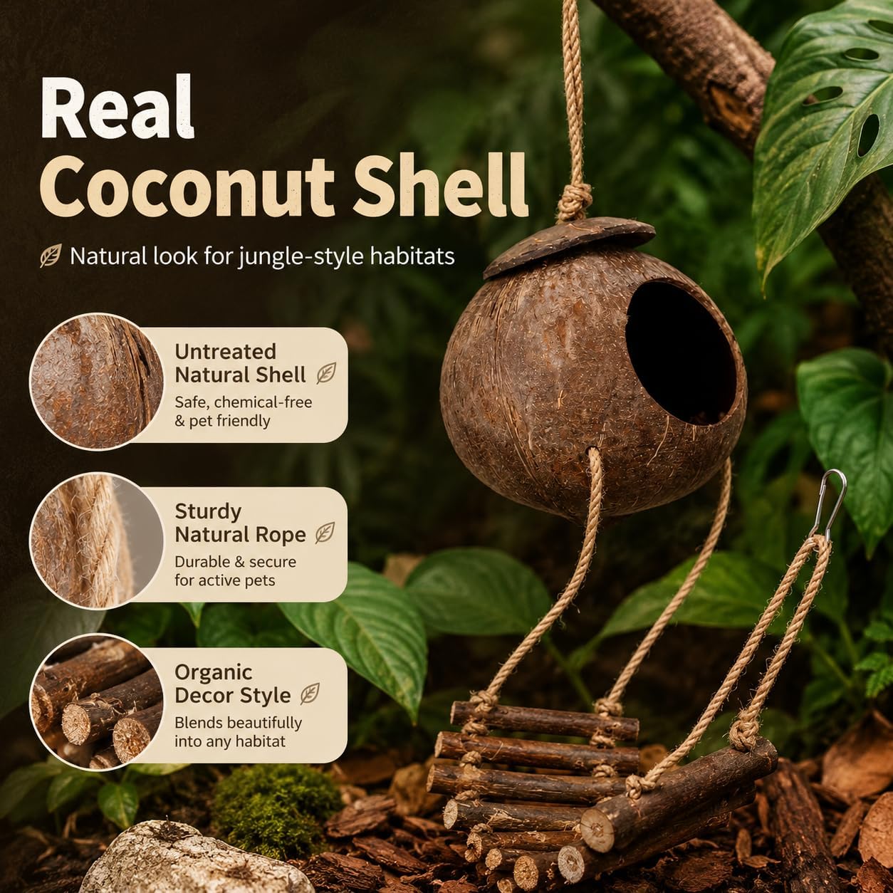Hanging Coconut Hide for Crested Hide Hut with Climbing Ladder, Natural Shell Cave Hideout for Leopard Reptiles