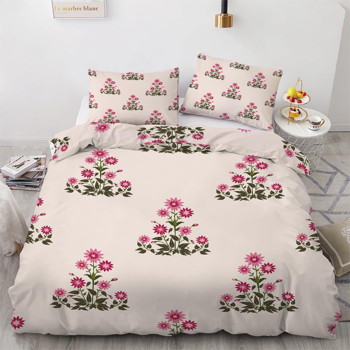 Housse de couette 240x260 fleur 3D en microfibre avec 2 taies 65x65cm