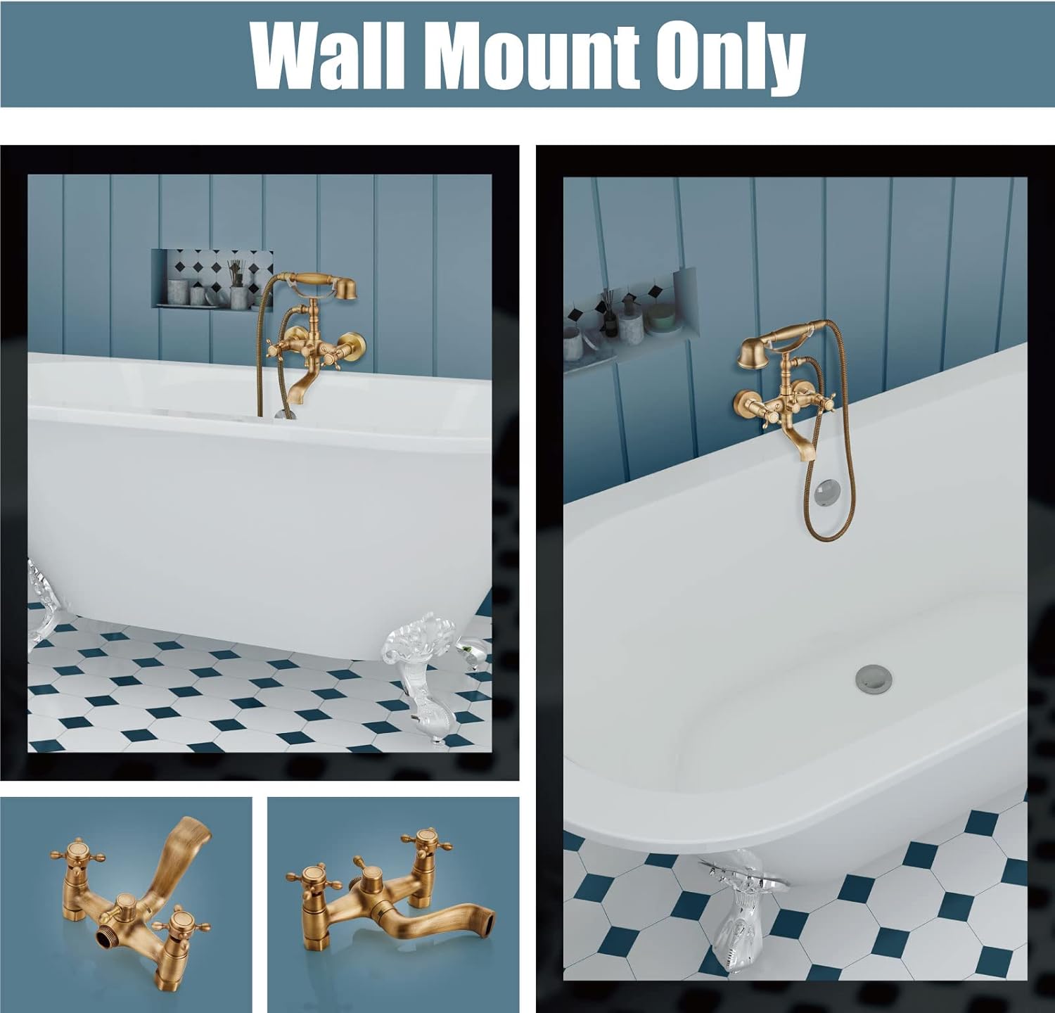 Aolemi Antique Brass 4 Inch Centerset Deck Mounted Bathroom Sink Faucet and Wall Mount Bathtub Faucet with Handheld Sprayer