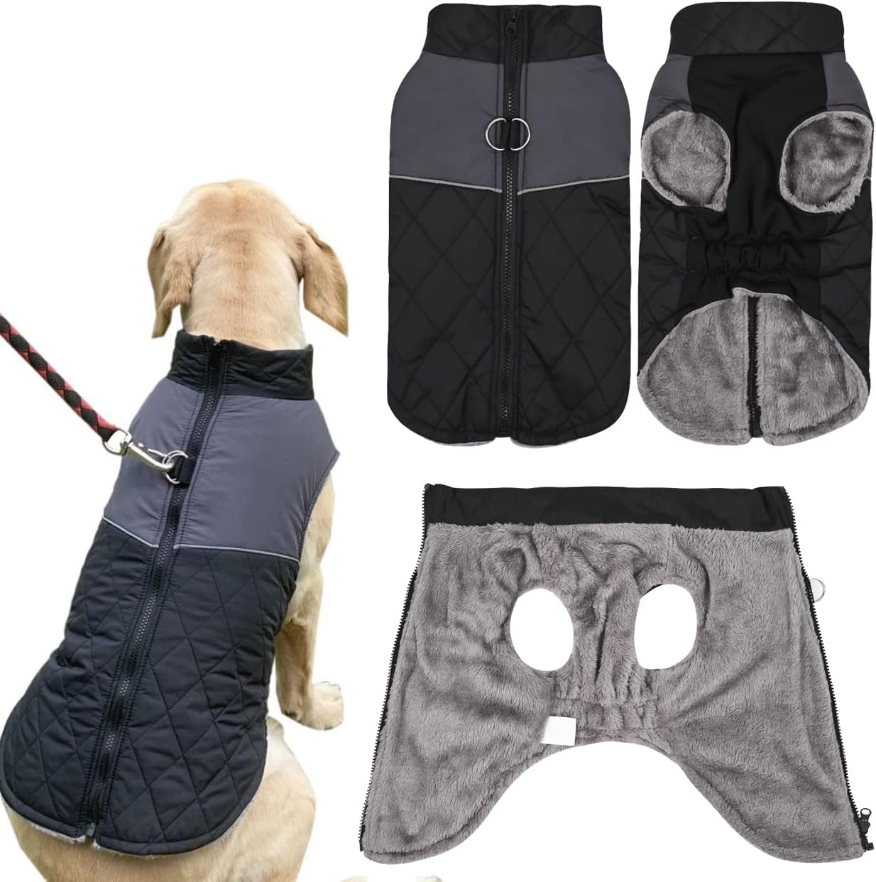 Fleece Lining Warm Dog Coats Padded Vest with D Ring Waterproof