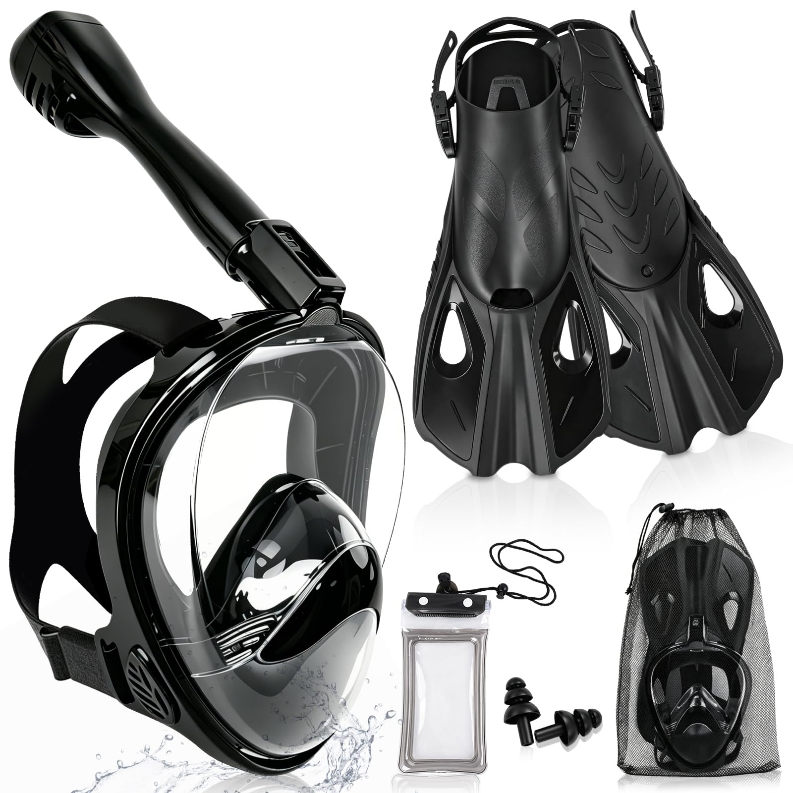 Set Snorkel Adulto, Máscara Snorkel, 180°Vista, CO2 Seguro, Anti-vaho Anti-Fuga, con Aletas Ajustables, Soporte de Cámara, Funda Impermeable para Móvil, Equipo de Snorkel Nadar Adultos