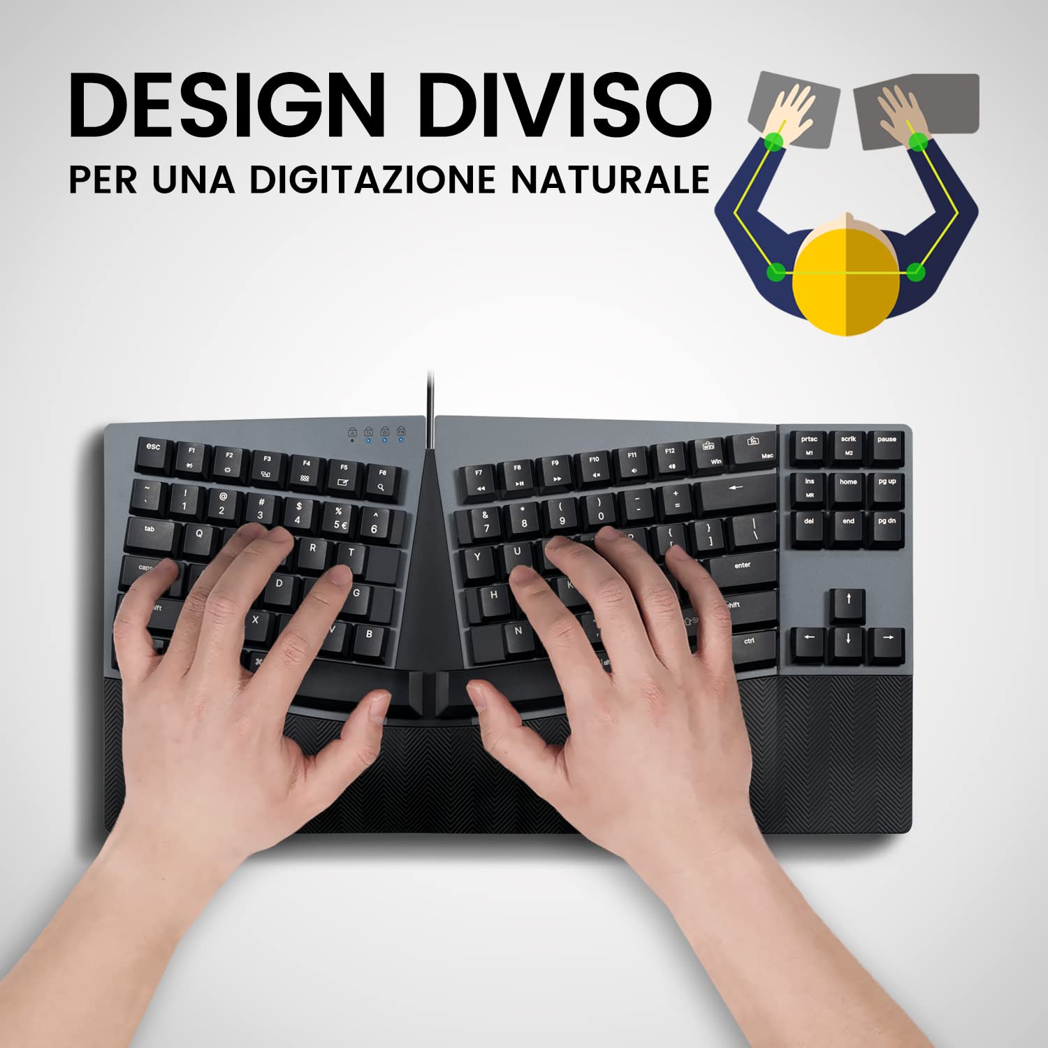 Perixx PERIBOARD-335RD Tastiera Meccanica Ergonomica a Filo - Compatta - Tasti Lineari rossi - Tasti Macro Programmabili - Compatibile con Windows e Mac OS X - Layout QWERTY Italiano