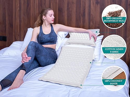 Vista 13 de UNMERA Juego de alfombrillas y almohadas de acupresión, lino natural de primera calidad y relleno de fibra de coco, apto para FSA/HSA, para alivio