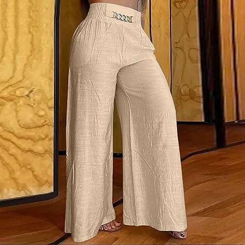 Miniatura 6 de Palazzo - Pantalones para mujer, talla grande, cintura alta, de lino, rectos, de pierna ancha, pantalones de yoga holgados de color sólido