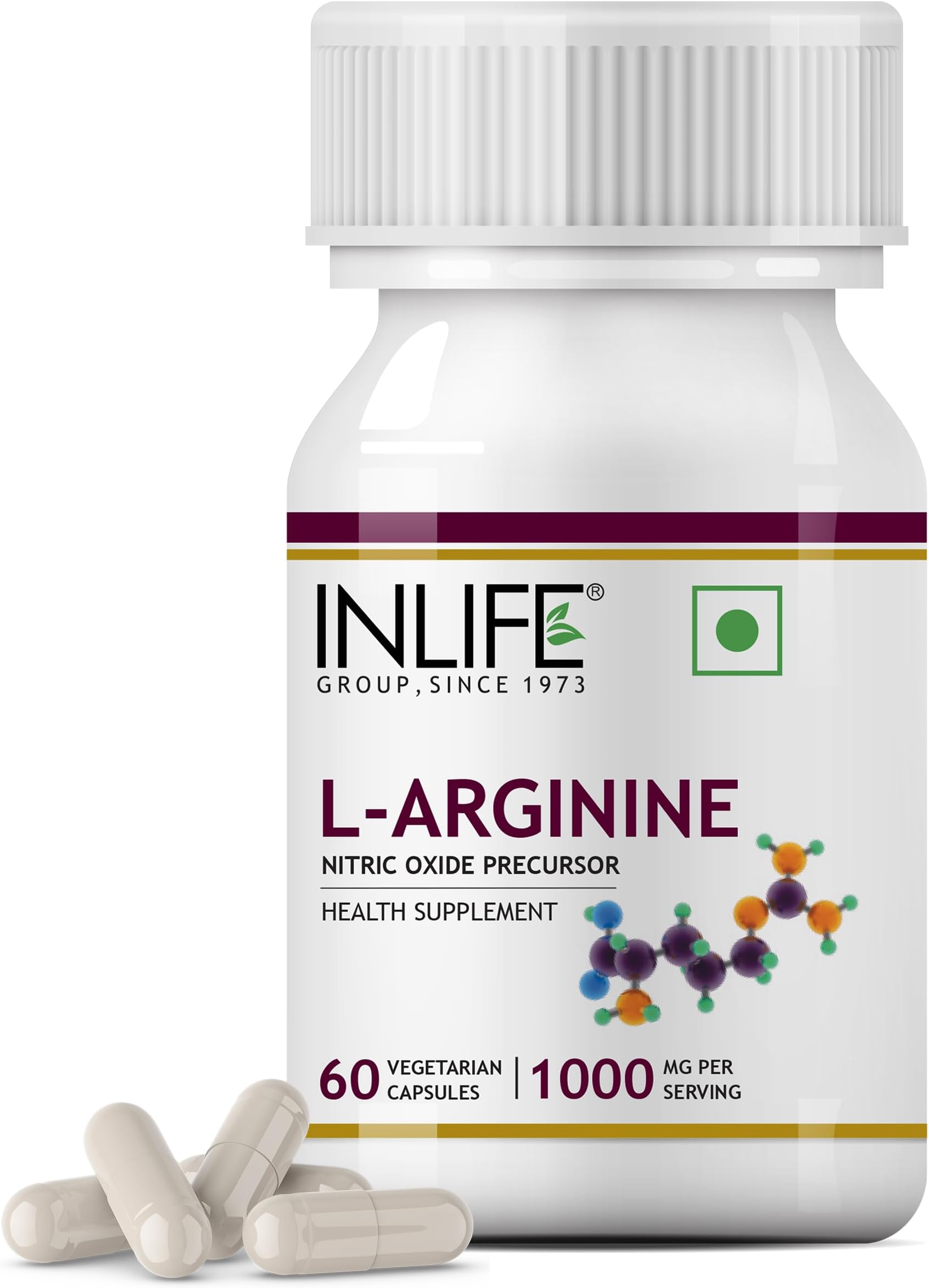 INLIFE L-Arginine 1000mg, Nitric Oxide & Muscle Stamina, 60 Veg Capsules (Pack of 1)