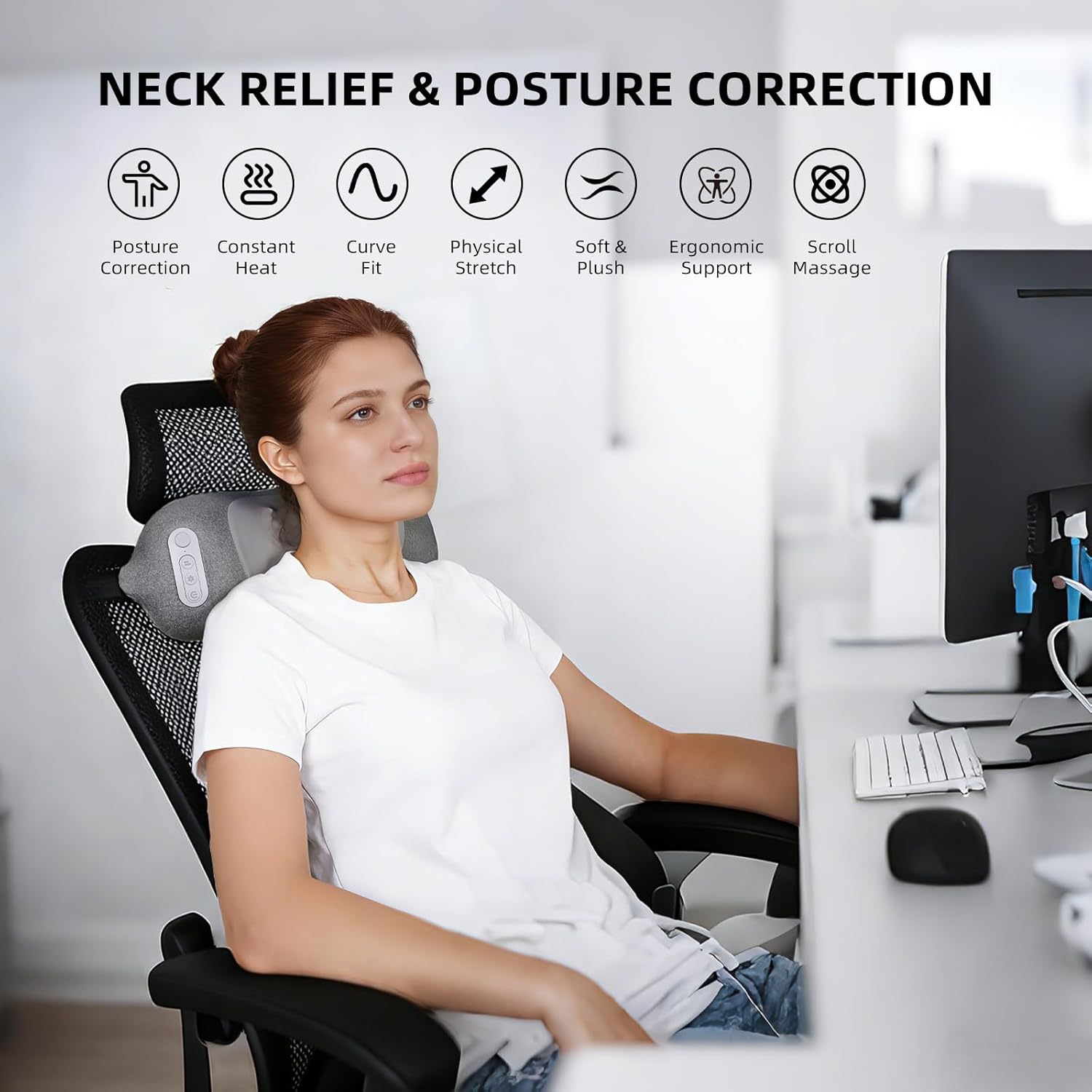 2-in-1 Neck & Lumbar Massager Pillow with Heat for Office Chair, 3D Rotating Massage Nodes, Memory Foam Back Support for Posture Correction, Pain Relief & Relaxation at Home, Office, Travel