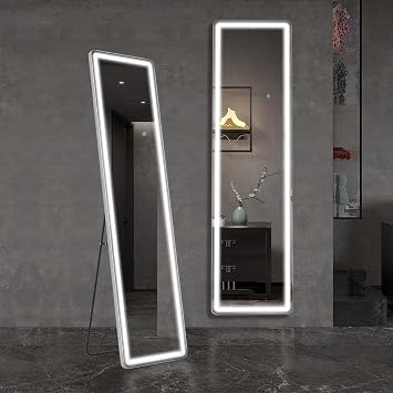Hexago 60"x16" Full Length Mirror with 3 Color LED Light,Dimming,Standing or Leaning Full Body Mirror Suitable for Bedroom or Cloakroom,Living Room