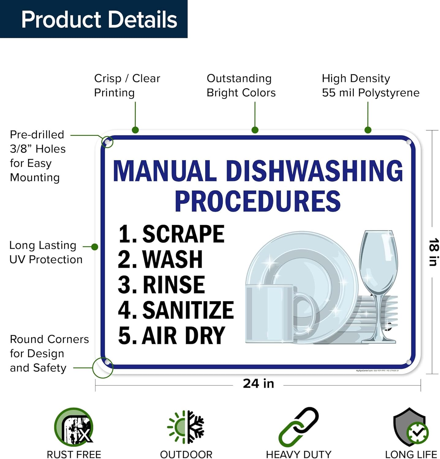 Manual Dishwashing Procedures Scrape Wash Rinse Sanitize Air Dry Sign, 18x24 Inches, 55 mil thick HDPS (high density polystyrene), Made in USA by My Sign Center