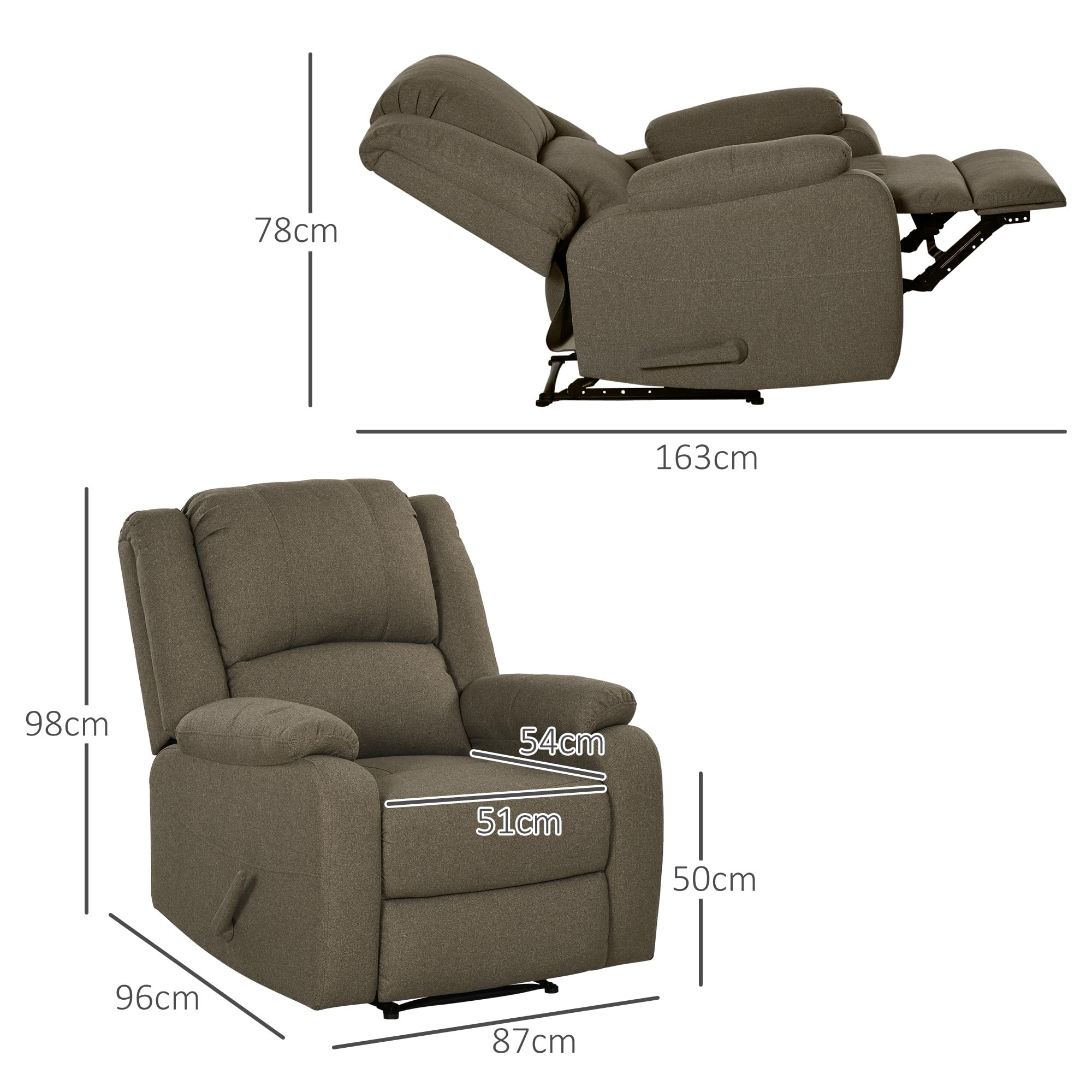 HOMCOM Fauteuil Relax Manuel Fauteuil TV avec Fonction Chaise Longue, Aspect Lin, Fauteuil TV avec poignée latérale, Repose-Pieds, supporte jusqu'à 150 kg, pour Le Salon, Marron
