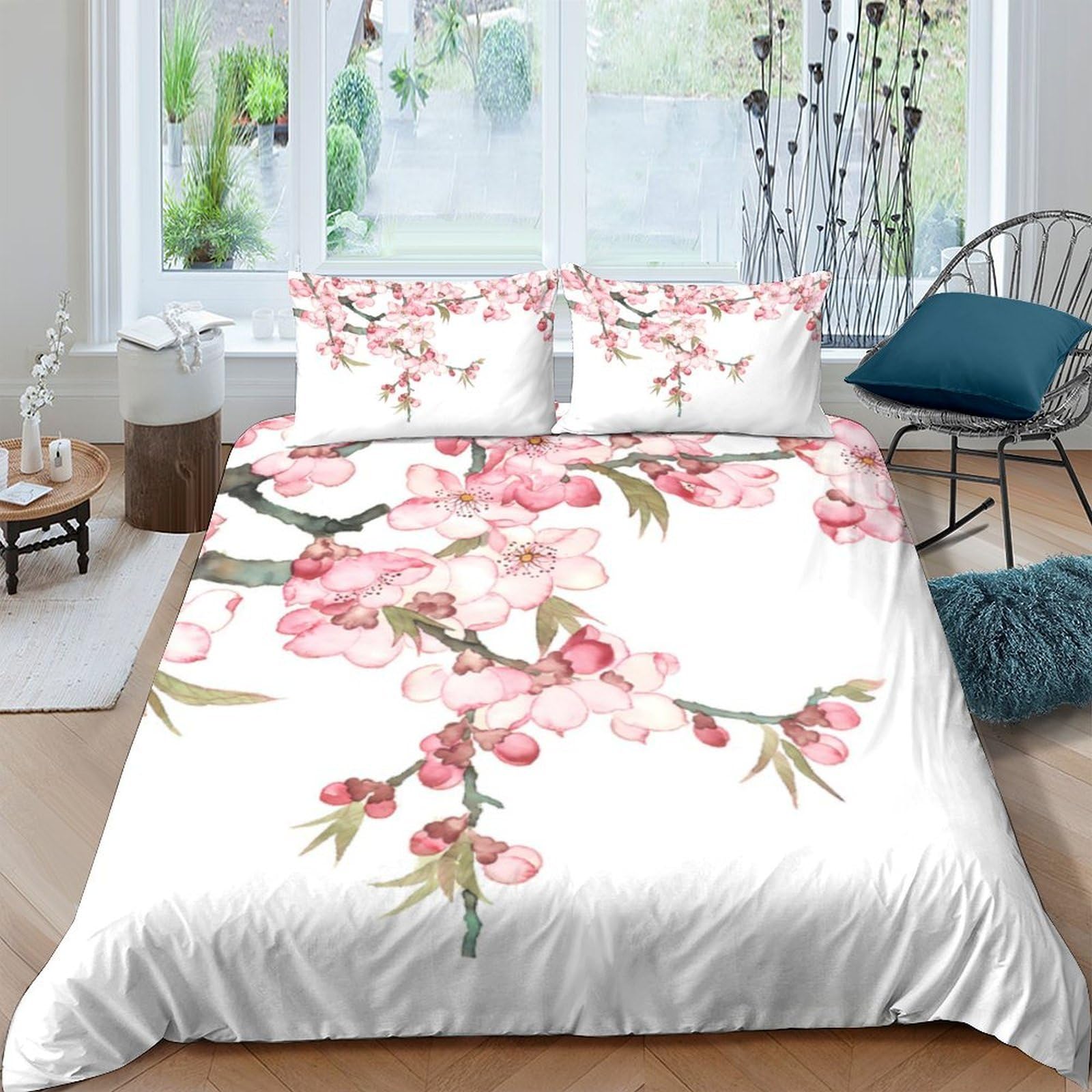 Ctjqhvkz Style-3 3D Printed Sakura Blossom Fitted Sheet Microfiber Soft Pink Plum Mattress Cover Bedroom Decor Easy Care Single（135X200cm）