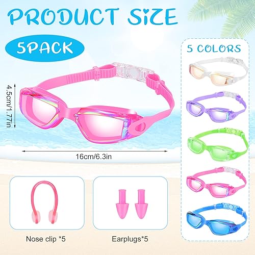 Miniatura 9 de Macarrie 5 pares de gafas de natación antivaho con tapones para los oídos, clip de nariz sin fugas, gafas de protección completa